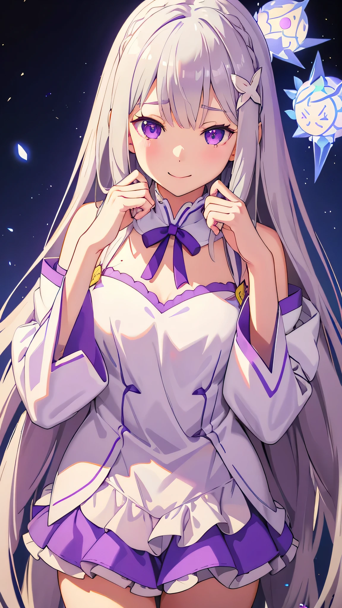 realistic、one girl、 Emilia Lee:zero、crown blade、flower hair ornament、×Hair ornament、gray hair、long hair、purple eyes、fantasy、The magic effect of ice、illumination、pieces fly、smile、mini skirt、white knee high socks、