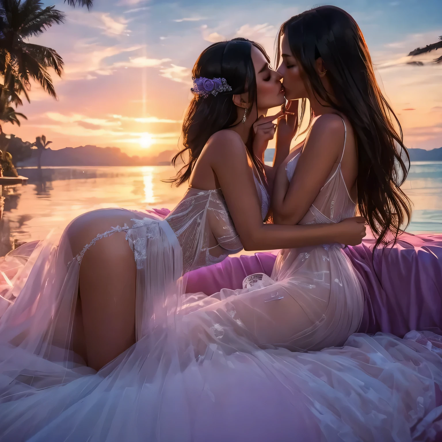 two girl kissing, see her ass,(bright lighting,romantic setting),dreamy background,bondage,dark hair, mesmerizing gaze, , soft skin, alluring beauty, artistic portrait, high-quality image, vibrant colors,translucent silk wedding dress, mosquito net,lying down