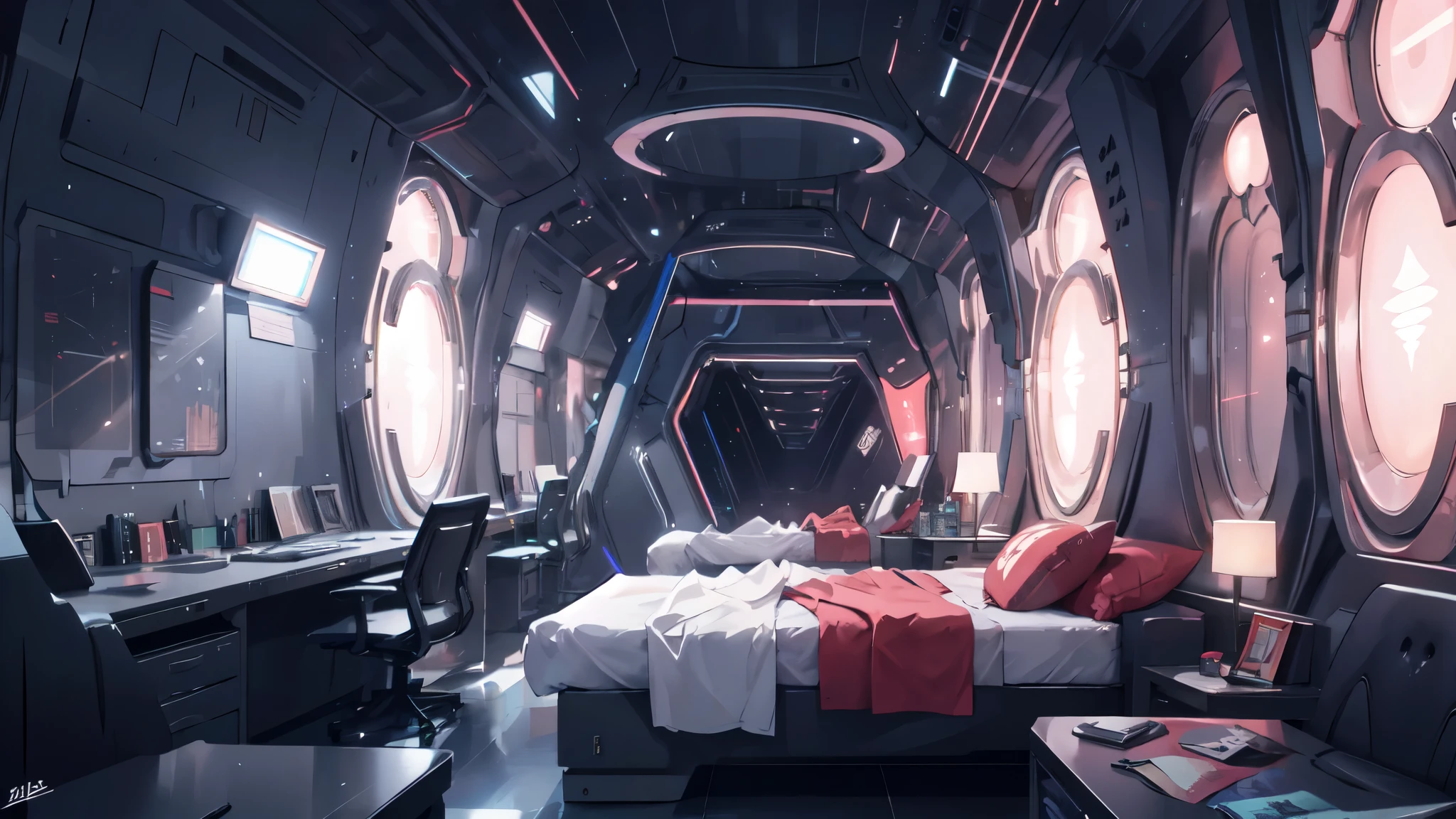 futuristic barracks, night, metal twin beds