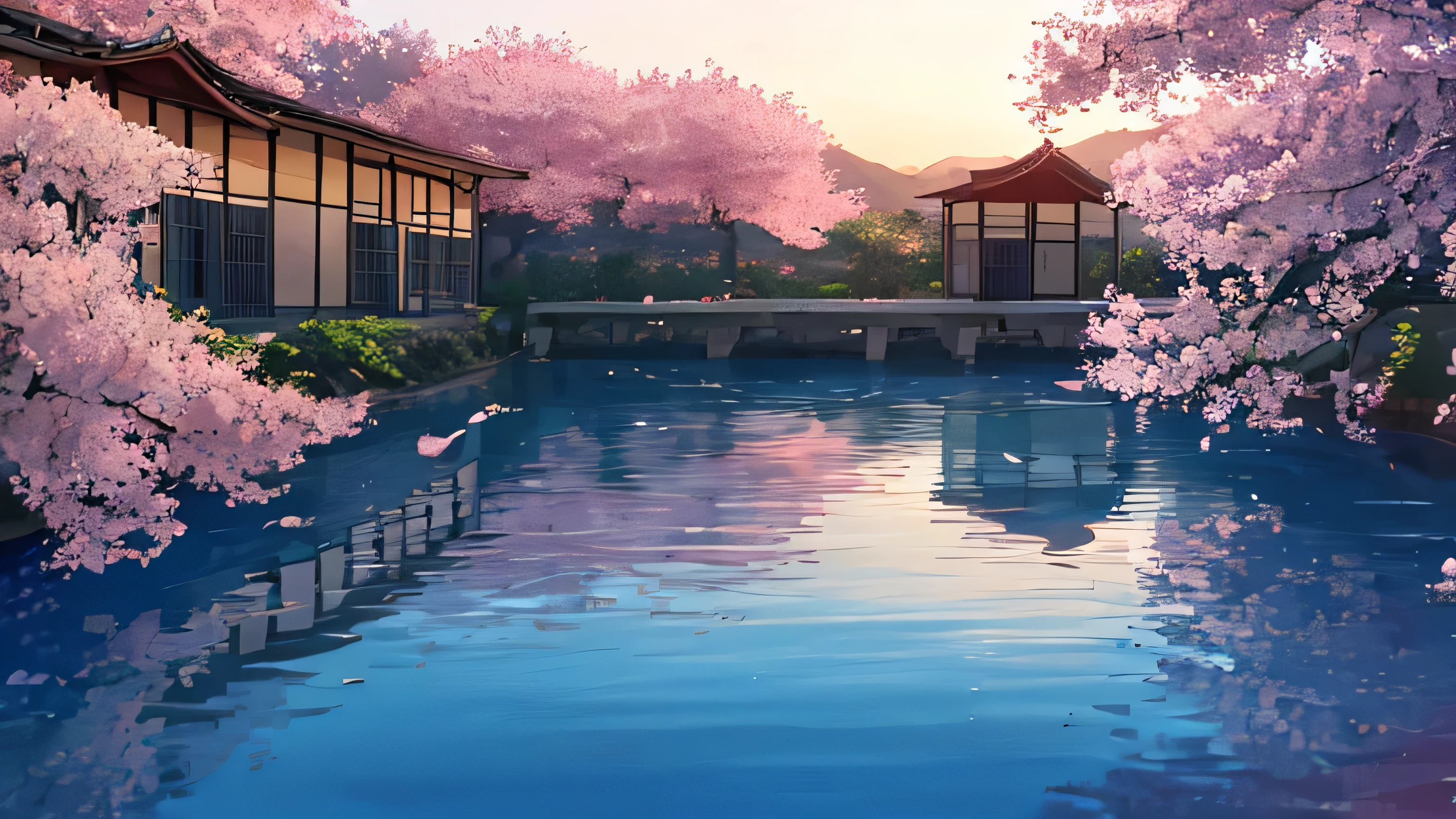 cherry blossom trees, river,, beautiful sunset, prison cell