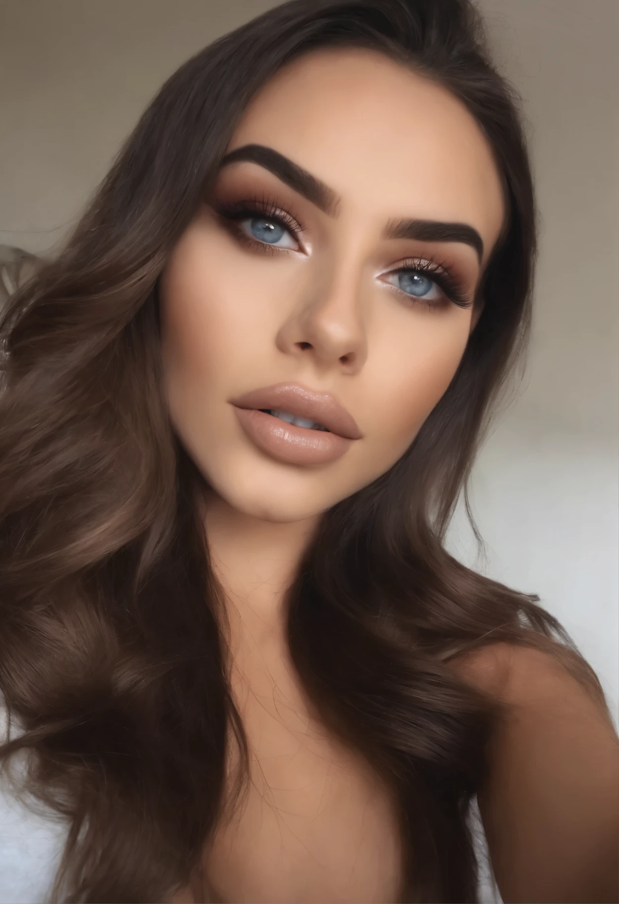 mujer arafed completamente , Chica sexy con ojos azules, ultra realista, Meticulosamente detallado, Retrato de Sophie Mudd, cabello rubio y ojos grandes, selfie de una mujer joven, en Club, Violeta Myers, sin maquillaje, maquillaje natural, looking directly at the camera, cara con artgram, maquillaje sutil, Impresionante foto de cuerpo completo arrodillado en la cama., en el dormitorio, medium to large bust size, ultra realista