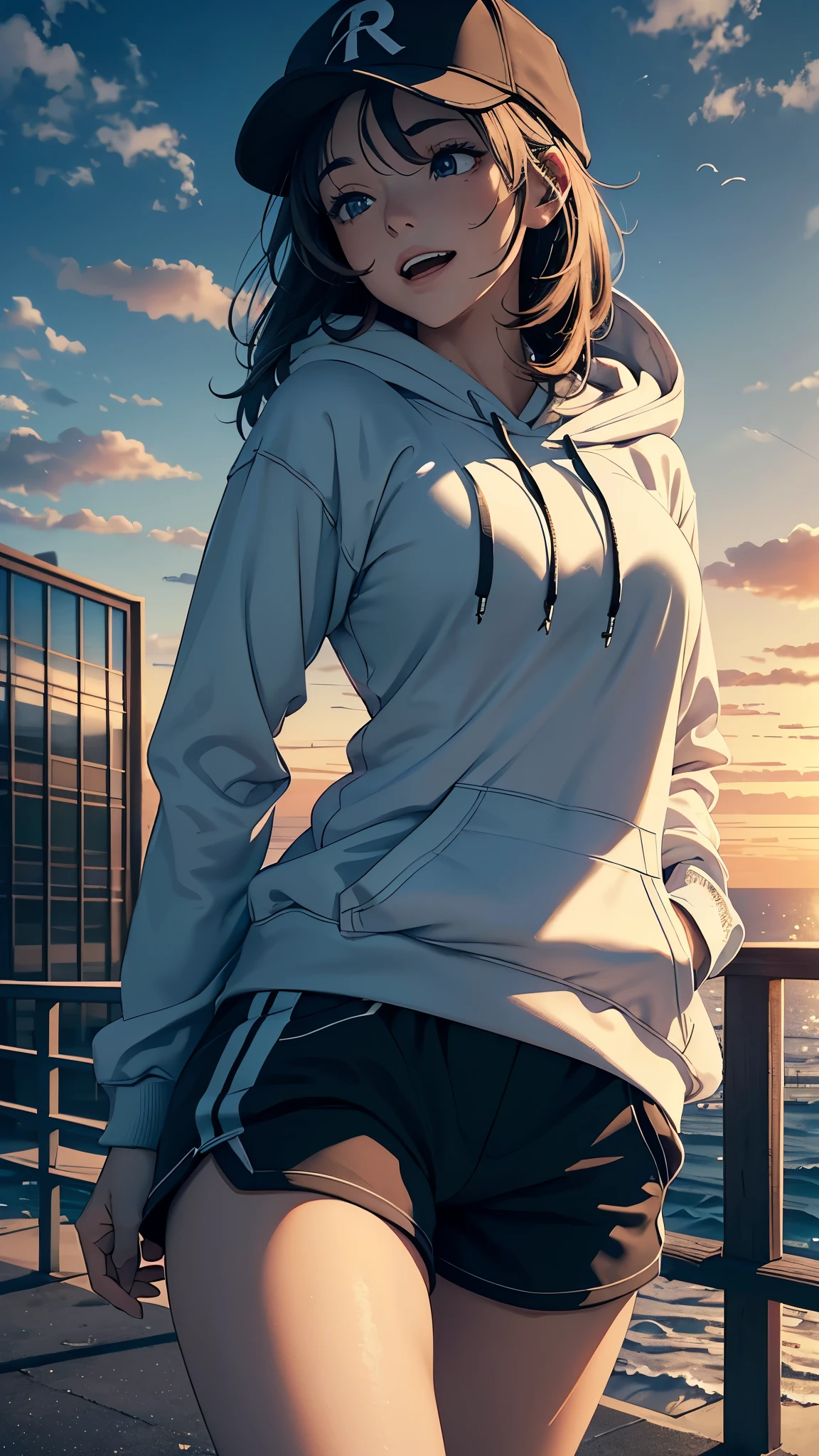 cinematic artwork of a woman walking alone, (she is looking up:1.3, wearing a hoodie, wearing a sports hat, laughing, hands in the pocket, professional image, tilting head up, head lookin up:1.4), cinematic atmosphere, semi-realistic, [:(perfect face, expressive face,expressive eyes):8], detailed textures, uhd, reflections, low angle, at the sunset, hair in the wind, breathtaking, alone, solitude, relaxed atmosphere, cozy, (freedom feeling), gorgeous sky, dynamic angle,. volumetric clouds, upper body shot, 8k, masterpiece, anime masterwork, wallpaer, award winner, sport shorts