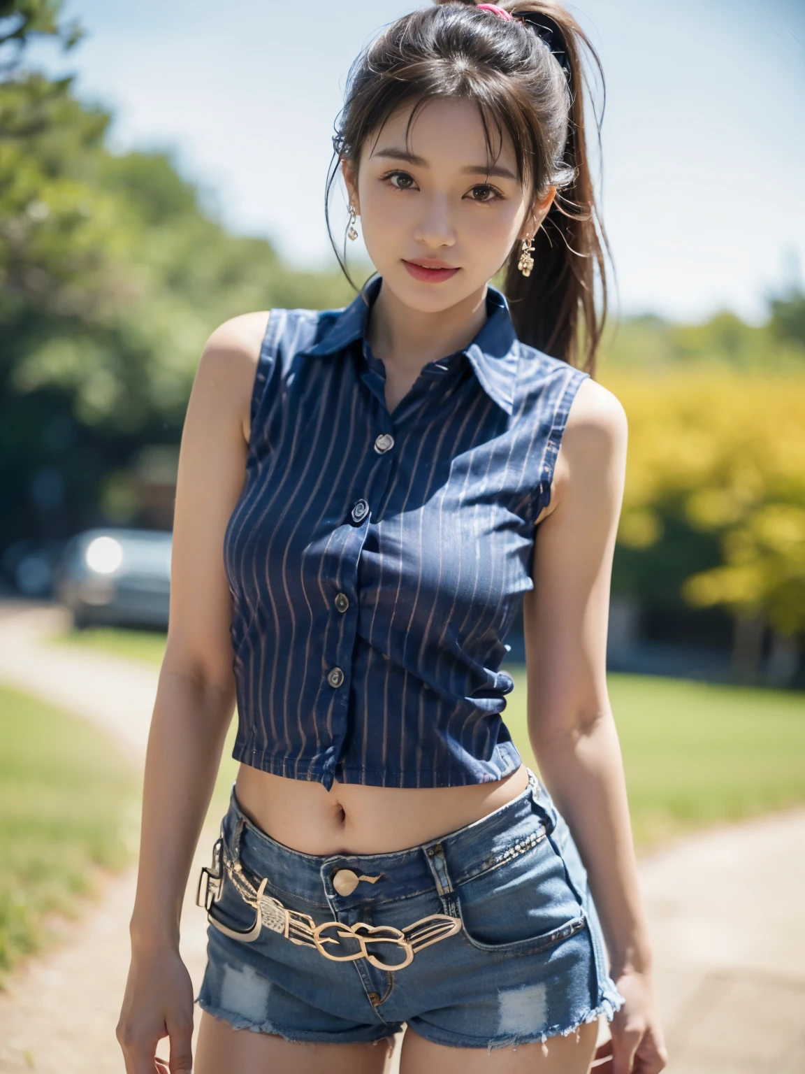 ((((highest quality))))、(((Ultra-precision CG16K wallpaper)))、(((masterpiece)))、(((Super detailed)))、(((super extreme details)))、１people&#39;s women、mature woman、25 year old woman、((Japanese face))、((very beautiful face))、((Matsusima Nanako:1.5))、((Soft wave semi-long hair:1.3))、(shiny hair)、bangs up to eyebrows、beautiful brown hair、beautiful delicate eyes、brown eyes、raised eyebrows、high nose、small nostrils、small mouth、seductive lips、mouth slightly open、beautiful breasts、C cup size breasts、cleavage、plump body、perfect proportions、perfect anatomy、perfect composition、beautiful detailed shading、beautiful natural lighting、beautiful detail glow、Depth of the bounds written、(((High chroma)))、(((real:1.9)))、((vivid:1.4))、((beautiful skin))、((skin texture))、((realな皮膚感))、(((cowboy shot:1.5)))、((Angle seen from the front:1.5))、((smile:1.4))、(Eyes looking at me)、bright sunshine、(((stand in the park:1.3)))、(standing pose:1.3)、(((Wearing a white and blue striped T-shirt:1.5)))、(((wearing denim shorts:1.5)))、