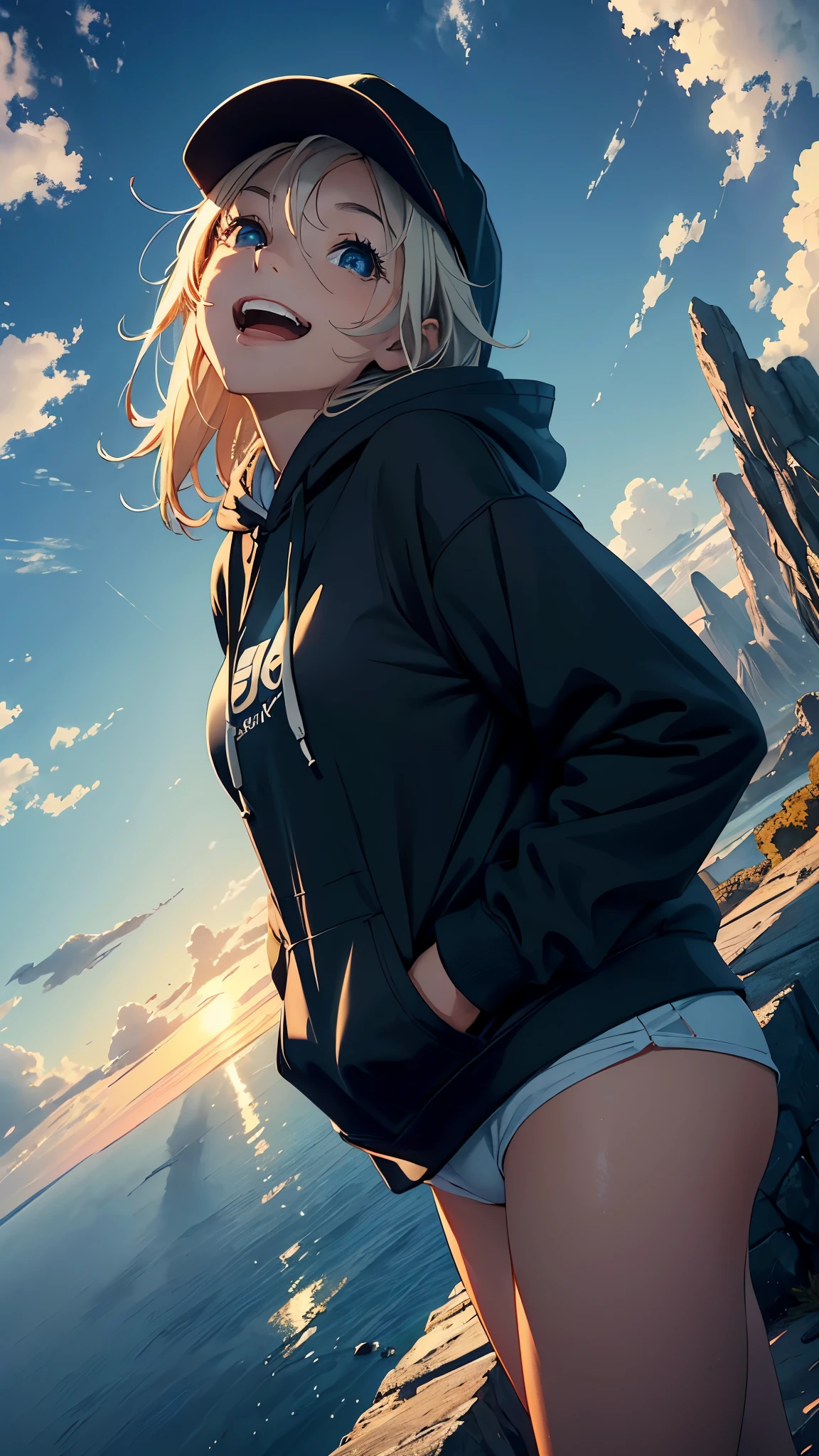 cinematic artwork of a woman walking alone, (she is looking up:1.3, wearing a hoodie, wearing a sports hat, laughing, hands in the pocket, professional image, tilting head up, head lookin up:1.4), cinematic atmosphere, semi-realistic, [:(perfect face, expressive face,expressive eyes):8], detailed textures, uhd, reflections, low angle, at the sunset, hair in the wind, breathtaking, alone, solitude, relaxed atmosphere, cozy, (freedom feeling), gorgeous sky, dynamic angle,. volumetric clouds, upper body shot, 8k, masterpiece, anime masterwork, wallpaer, award winner,