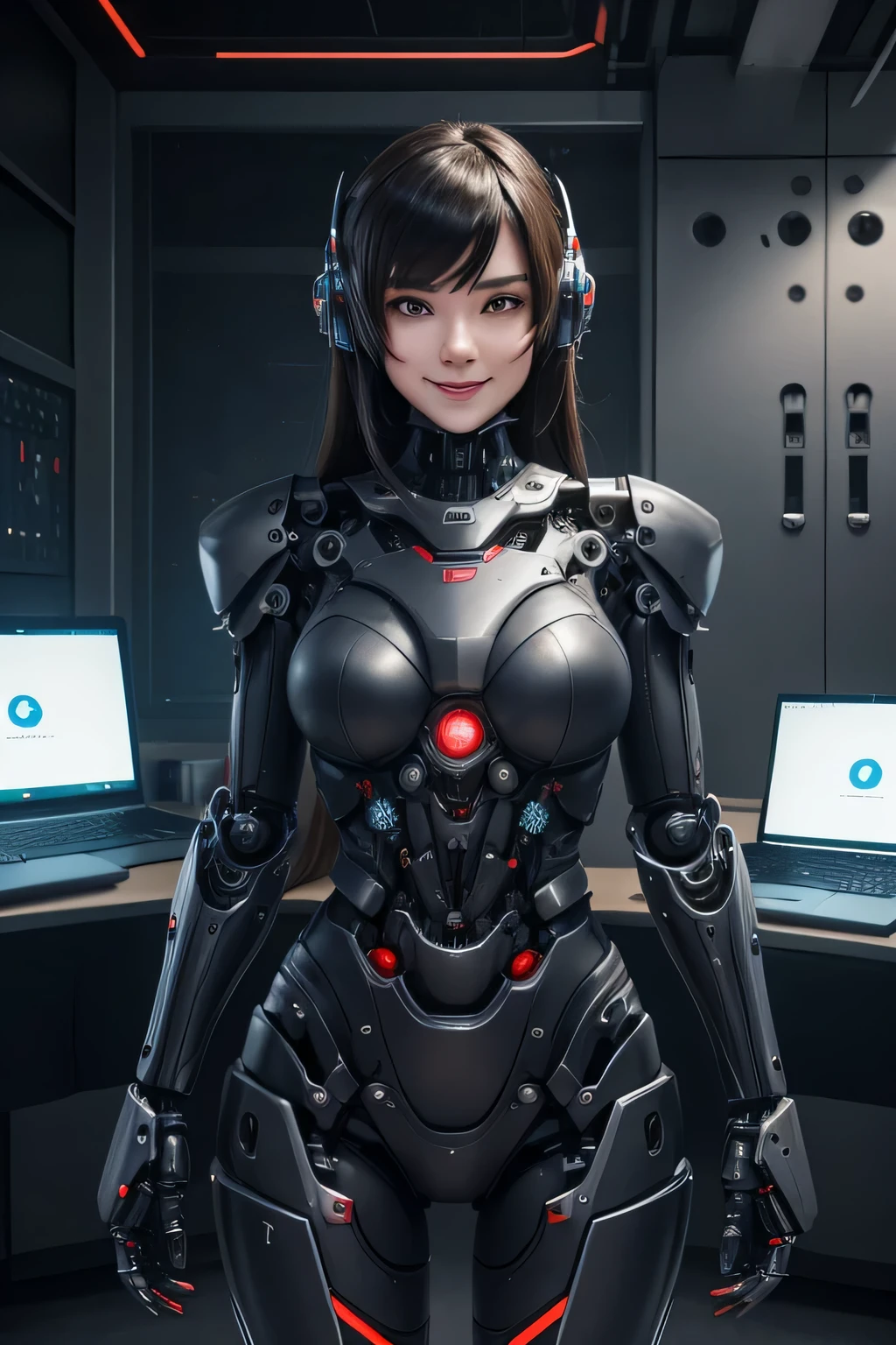 High school girl turned into an evil robot by computer. Machine body mechanical limbs with an evil smile The background is a computer room, Hmm, retina, masterpiece, Accurate, anatomically correct, rough skin, Super detailed, advanced details, high quality, Awards, 最high quality, High resolution