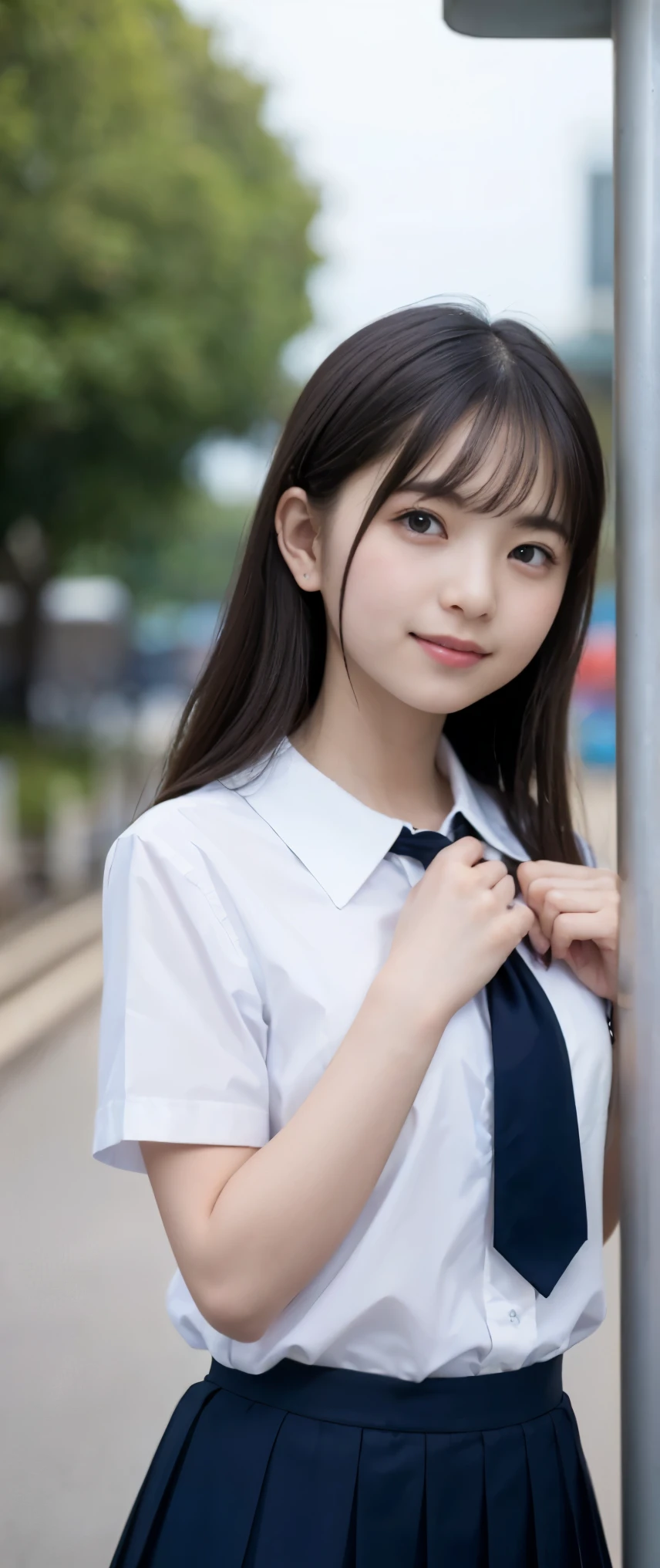 (masterpiece, highest quality:1.2), 8k, 12才のfull nudeの女の子, 85mm,Official AR RAW photo, スーパースリムなスレンダーbeautiful girl, (When I lift up my short navy blue skirt、下Half bodyfull nude、short sleeveの白シャツ、show me your ears、naked girl photoshoot、full nude, cute face, close, Half body, Biolace, gardenia, beautiful girl, school uniform,  Bind your neck with a rope, thighs, short sleeve, stand on the station platform, looking at the viewer, no makeup, (big smile), film grain, chromatic aberration, sharp focus, face light, clear lighting, Ten generations, detailed face, background bokeh, (dark red tie:1.1)、((((((12 year old girl))))))、((((((12才のfull nude女子高生)))))、thin waist、Lowered from the top of the front