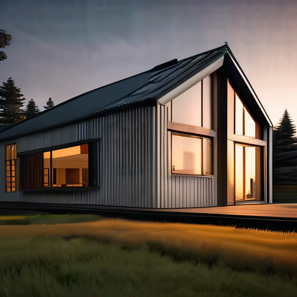 a two-story house, white color, minimalist, wooden floors, real green grass, stone walls, at sunset, real interior lights, built in a real forest, real windows, real doors, 4k, cannon shot, 85 mm , kodak color vision, extremely detailed, photography_\(Ultra\), photorealism, realistic, post-op, maximum detail, roughness, real life, ultra-realistic, photorealism, photography, 8k UHD, photography –ar 1:3