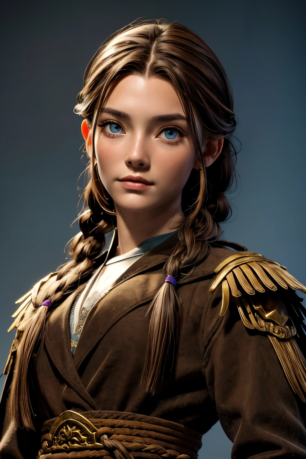 (Obra maestra, La mejor calidad) (young warrior woman of nordic descent), (ojos verdeuscular), (falda de piel), (brown hair color),(loose hair with small braids on the scalp), (top con correa de cuero) plumas, capa sobre el hombro, bufas, (azul, gray and brown suit).