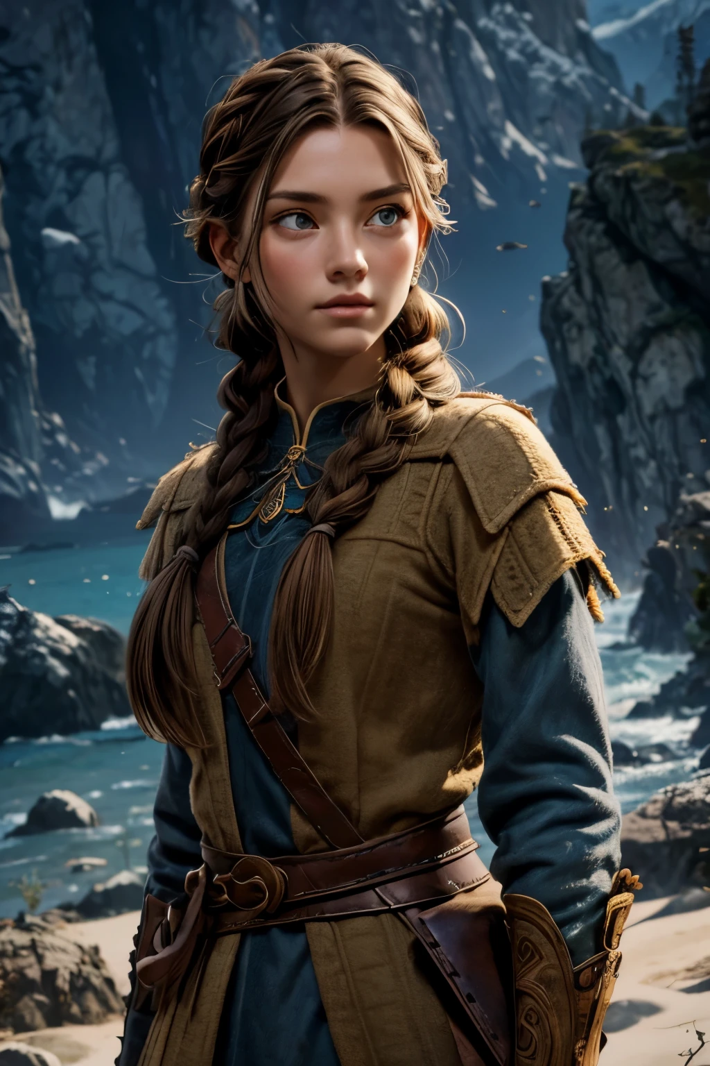 (Obra maestra, La mejor calidad) (young warrior woman of nordic descent), (ojos verdeuscular), (falda de piel), (brown hair color),(loose hair with small braids on the scalp), (top con correa de cuero) plumas, capa sobre el hombro, bufas, (azul, gray and brown suit).