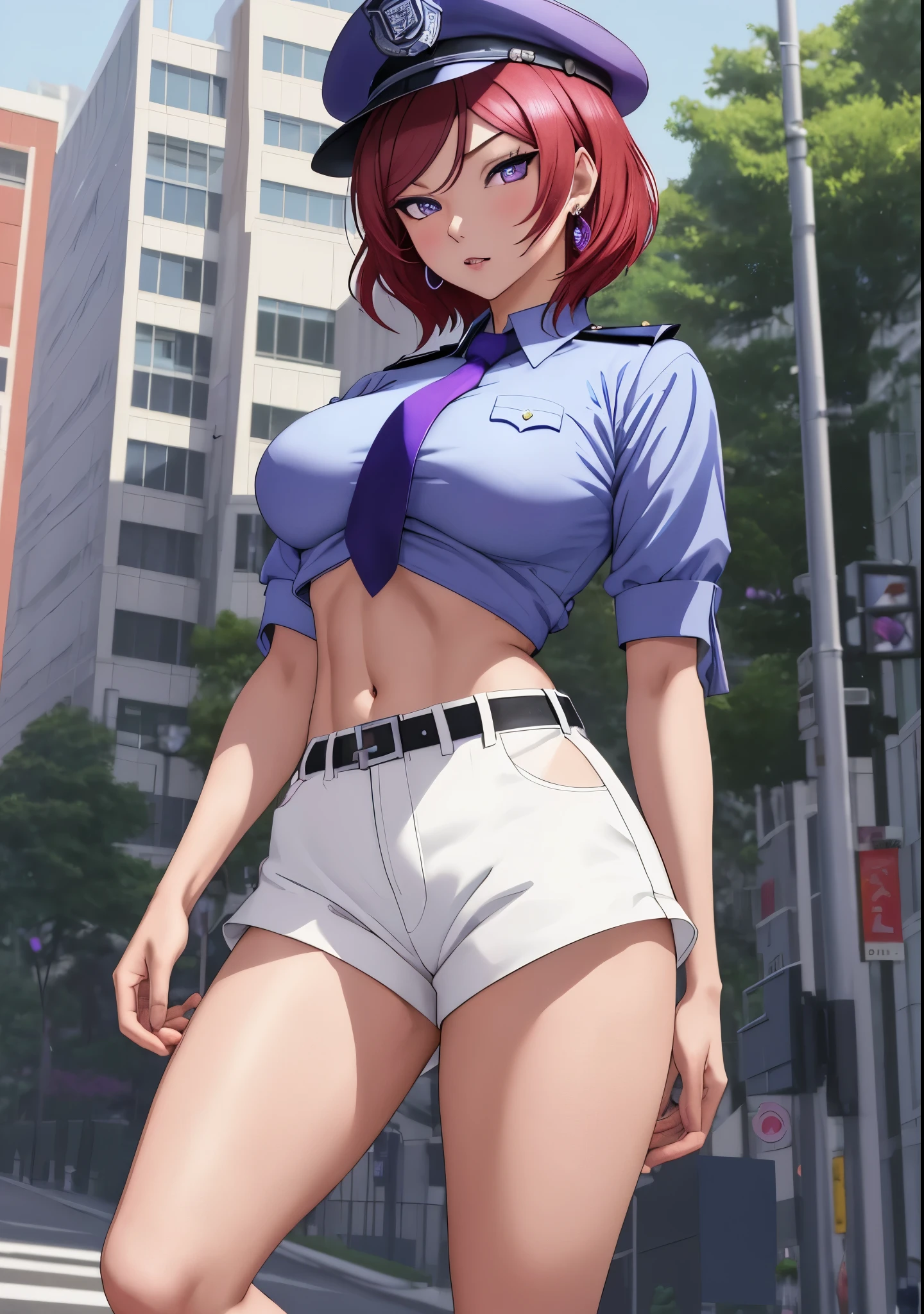 Masterpiece, best quality, detailed face,Nishikino maki, purple eyes,short hair, blue shirt,half sleeves, necktie,earrings, black belt, tight white low shorts, midriff, standing, Sexually alluring pose, police cap,in street, toned stomach, looking at viewer, big breasts