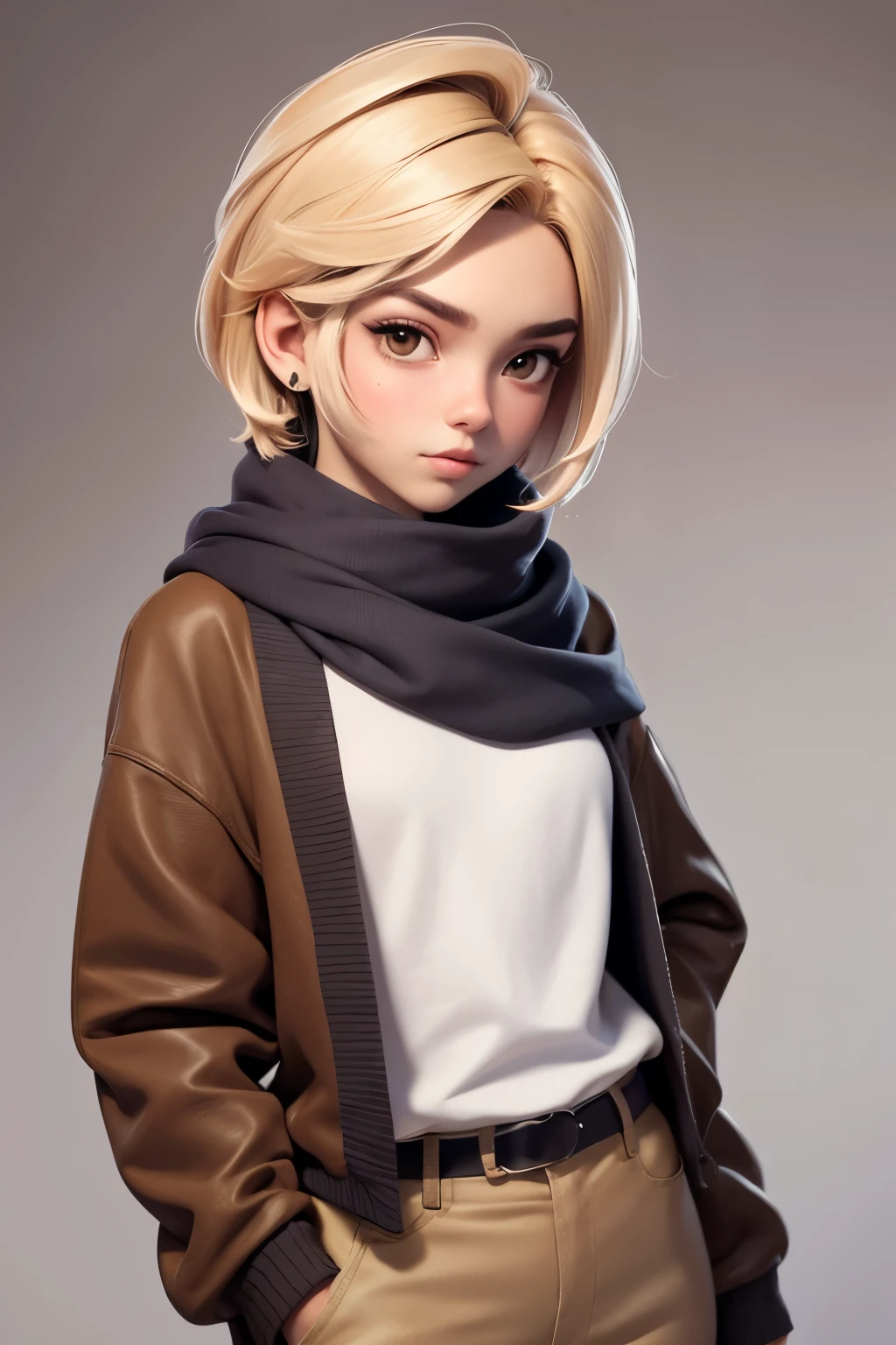 1 chica, solo, lindo androgynous bimbo girl, corto hair, lindo, corto, piel bronceada, pechos medianos, Hispano, simplemente pendientes, simplemente ropa, pecas, hermoso, 20 year old woman, lindo, blushes1 chica, {solo}, parte superior del cuerpo ,{{ {Mirando al espectador}}}, brazo al lado, arte conceptual, white Fondo, simple Fondo, Mejor calidad, Obra maestra, dynamic angle, transparente_Fondo, contraluz, absurdos, high resolution, ultra detallado, By the chestnut, Brown eyes, simplemente ropa, bufanda