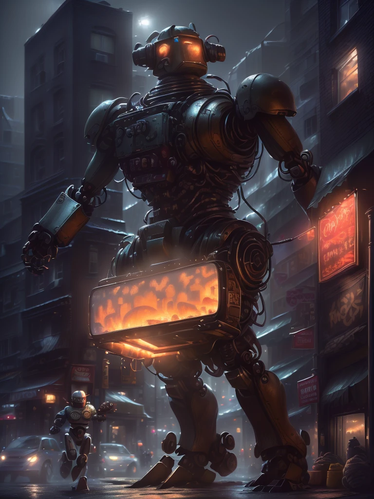 ((giant robot in the city and small people running away from the robot, smoke fire on buildings:1.5)), ((epic and dramatic cityscape scene:1.5)),((imaginative scene)),((perfect, meticulously detailed: 1.4)), ((take full image: 1.4, dynamic pose: 1.3), ((Best quality)), ((Masterpiece)), 3D, (Hyper detailed: 1.3), ((Epic landscape: 1.3) ), (Photorealistic: 1.4), ((Front camera, wide shot)), ((Low-light night movie lighting: 1.2)) .32k.