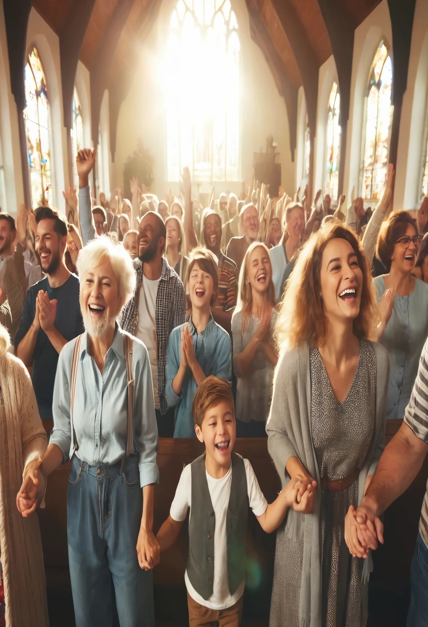 there are many people standing in a church together and smiling, many people worshipping, joyful people in the house, warm and joyful atmosphere, bursting with holy light, vibrant atmosphere, shutterstock, everyone having fun, scene from church, shining and happy atmosphere, cheerful atmosphere, groups of happy people, enthusiastic crowd, by Dan Content, expressing joy, crowds of people praying