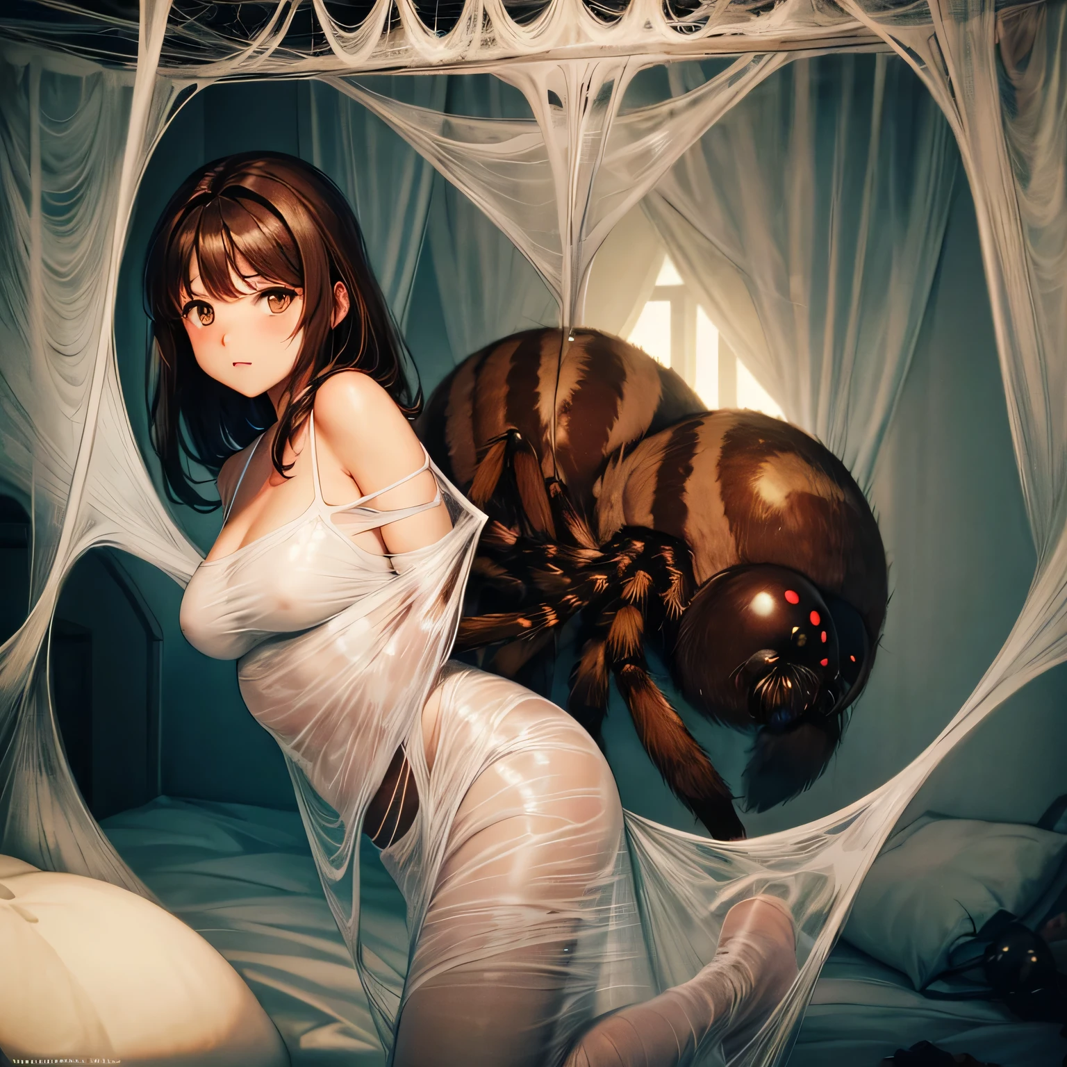 1girl,Spider weaving a net on the girl,réalism:1.2,ultra-detailed,bedroom setting,stretched pose,struggling in the net,brown haired,very long sheer skirt,oaken floor,soft sunlight,delicate spider silk,lace curtains,bedside table,decorative pillows