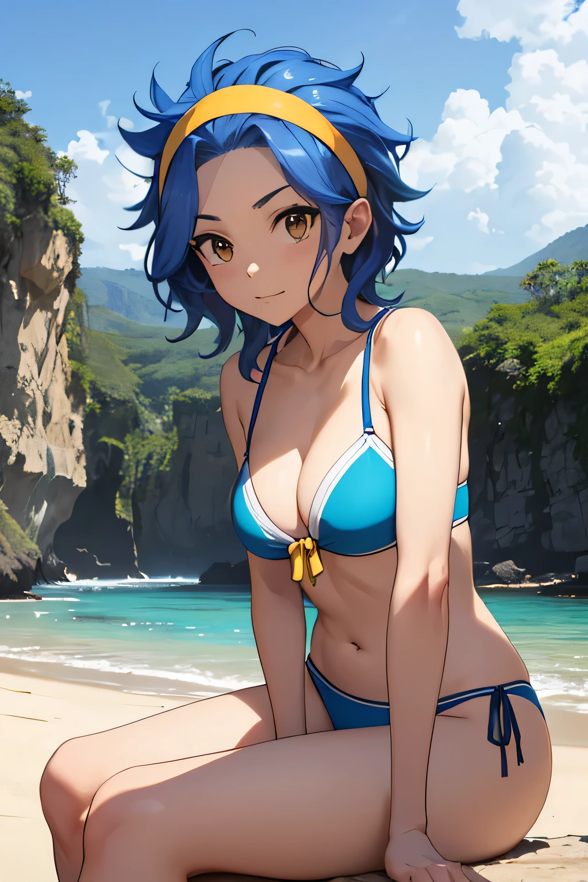 absurdres, high res, ultrasharp, 8K, {masterpiece}, expressive eyes, extremely detailed, best quality, perfect face, 1 girl, LEVY MCGARDEN, (BROWN EYES:1.35), BLUE HAIR, SHORT HAIR, SIDELOCKS, (yellow hair band:1.35), hair flower, medium breasts, pleased, beach, bikini, sitting,