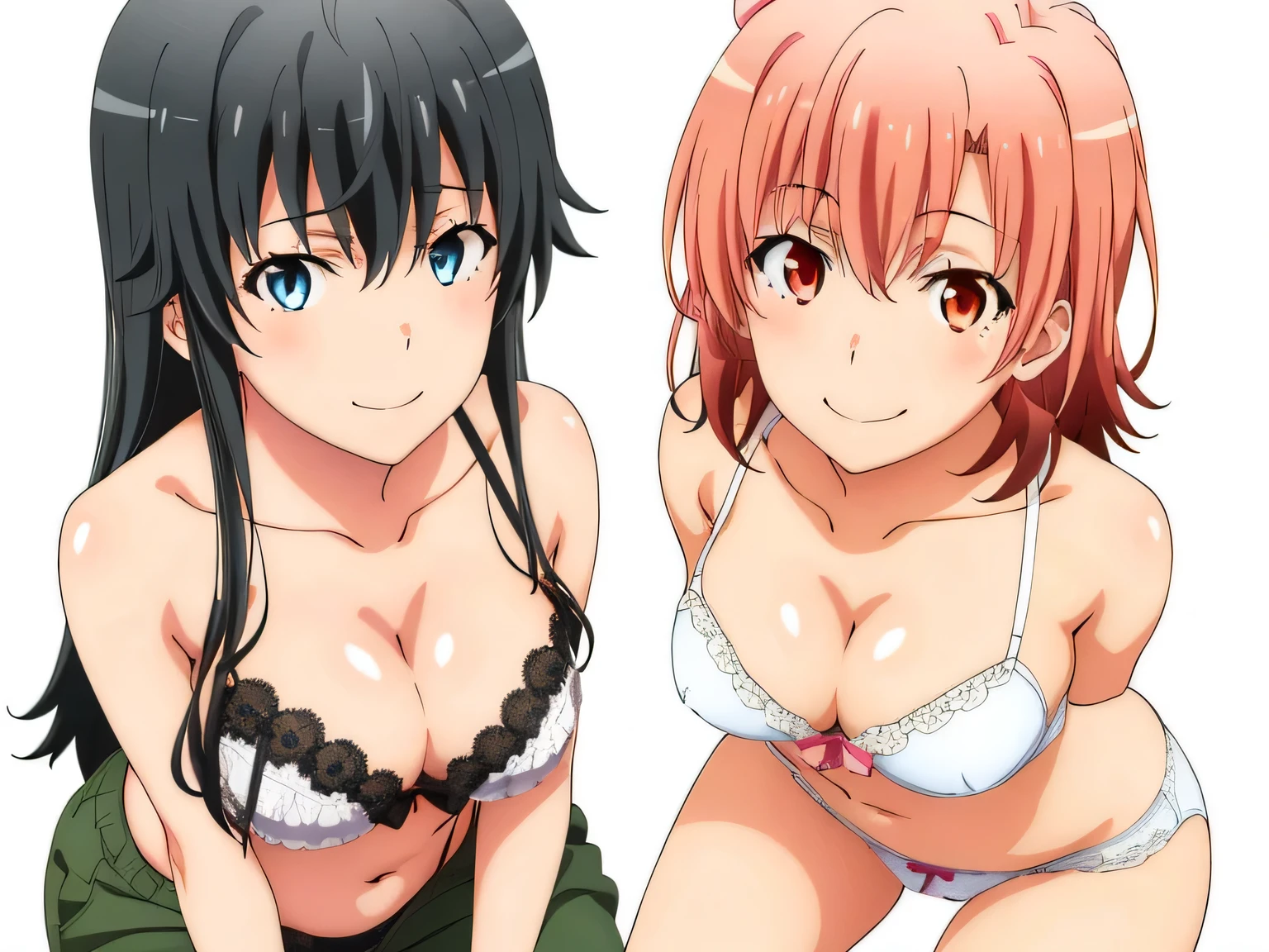 ((2 girls:1.0)), (Yuigahama Yui shapely ),(Yukinoshita Yukino),no background,In underwear,,sit,pink ribbon on pants,white silk lace pantiessilk panties,belly thighs,knees,cfront,looking at camera,(high angle),open your mouth,smile,Panoramic view of the head,beautiful eyes