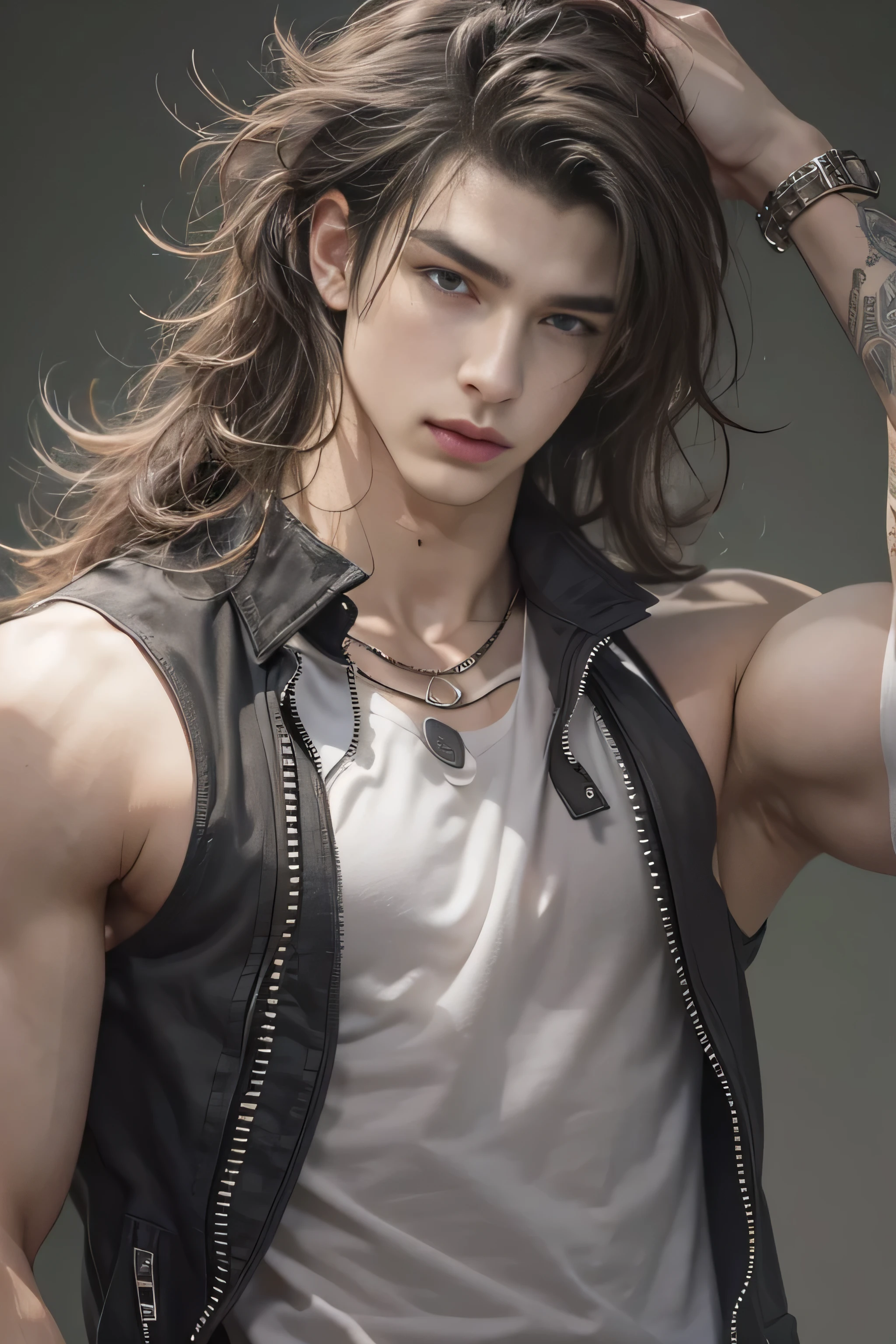 masterpiece, best quality, 1 guy, solo, handsome 20 year old, fair skin male, long length dark hair, perfect face, chest abs, slender, masculine, long hair