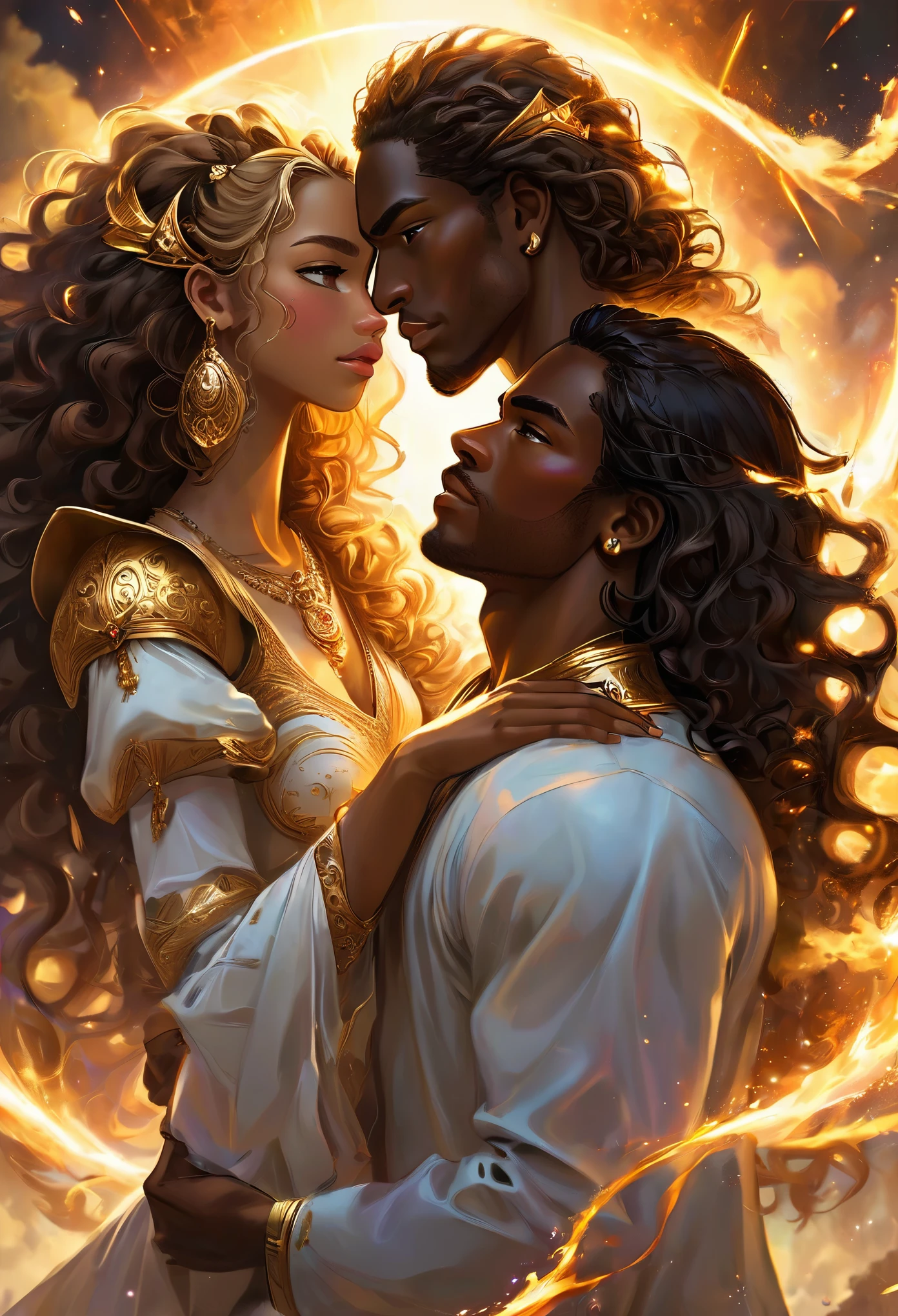 In a celestial landscape, people dressed luxuous, differents faces, they are all darkskin african, (((young, in 20's))) (((two brown skin men and two brown skin woman))), (((two young brown skin long dark hair duke:1.3))), (((brown skin BLONDE:1.7 hair women))) and (((blonde:1.5 hair woman1.3))), (they are two différent and separate couple1.2). (Two couple of four people:1.2). The first couple is a brown skin duke long dark curly hair with a blonde long hair woman. The second couple is a brown skin duke curly dark hair with a blonde hair woman, (((blonde:1.7 hair brown skin woman and brownskin:1.5))) trying to kill him with a gods lances, arcs and lances, dangerous scene, war, battle, chaotic war, destructions, gods war, impressive war
