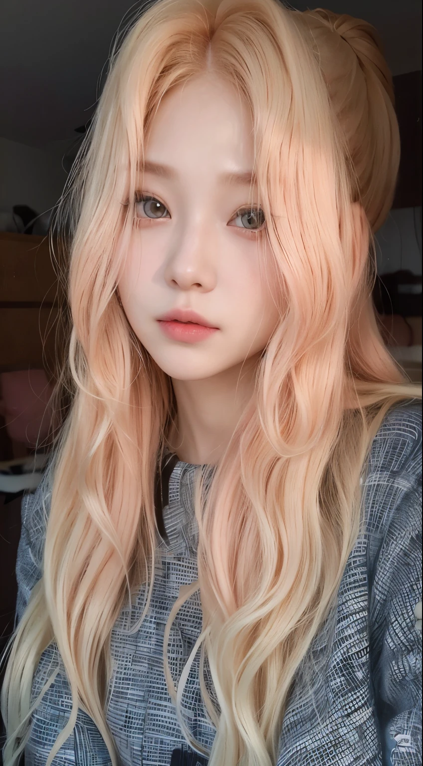 a close up of a person with long hair and a pink wig, ulzzang, roseanne park of blackpink, wan adorable korean face, very very pale blond hair, extremely pale blond hair, popular south korean makeup, glowing peach face, korean girl, with white long hair, long hair with pastel colors, with long white hair, popular korean makeup