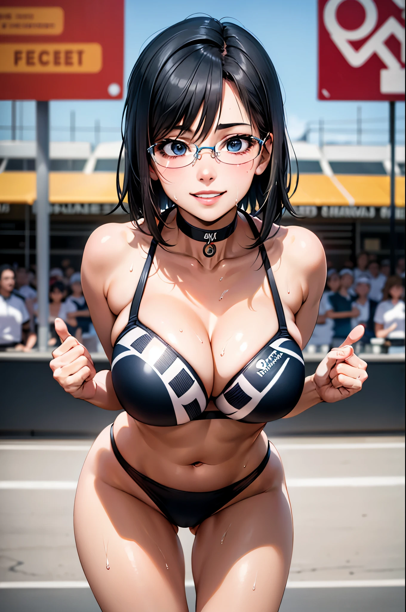 1girl,18yo,perfect hands, perfect finger,perfect anatomy, masterpiece, best quality,realistic, hyperrealistic, 16k hdr,, aamii, short hair, black hair, blue eyes, glasses, (sexy Race Queen,grid Girl costume printed with sponsor's logo,:1.2),outdoor,school,standing,(sweat:1.2),(happy smile),large breasts,choker,leaning forward,sexy pose