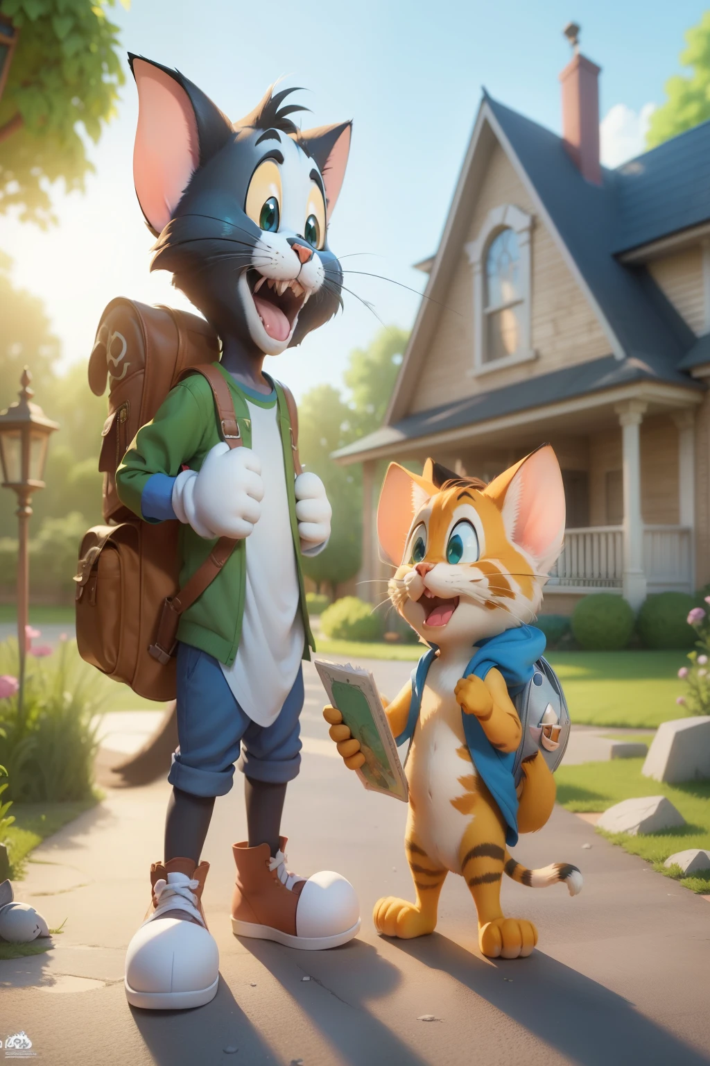 Arav and a cat standing in front of the house, tom and jerry, real-life tom and jerry, disney animation style, official art, children's cartoons, cartoon, cartoon, 3 d cartoon, disney rendering, Sony Pictures Animation, cartoon style illustration, promotional rendering, cartoon still, Realistic Disney, cartoon concept art