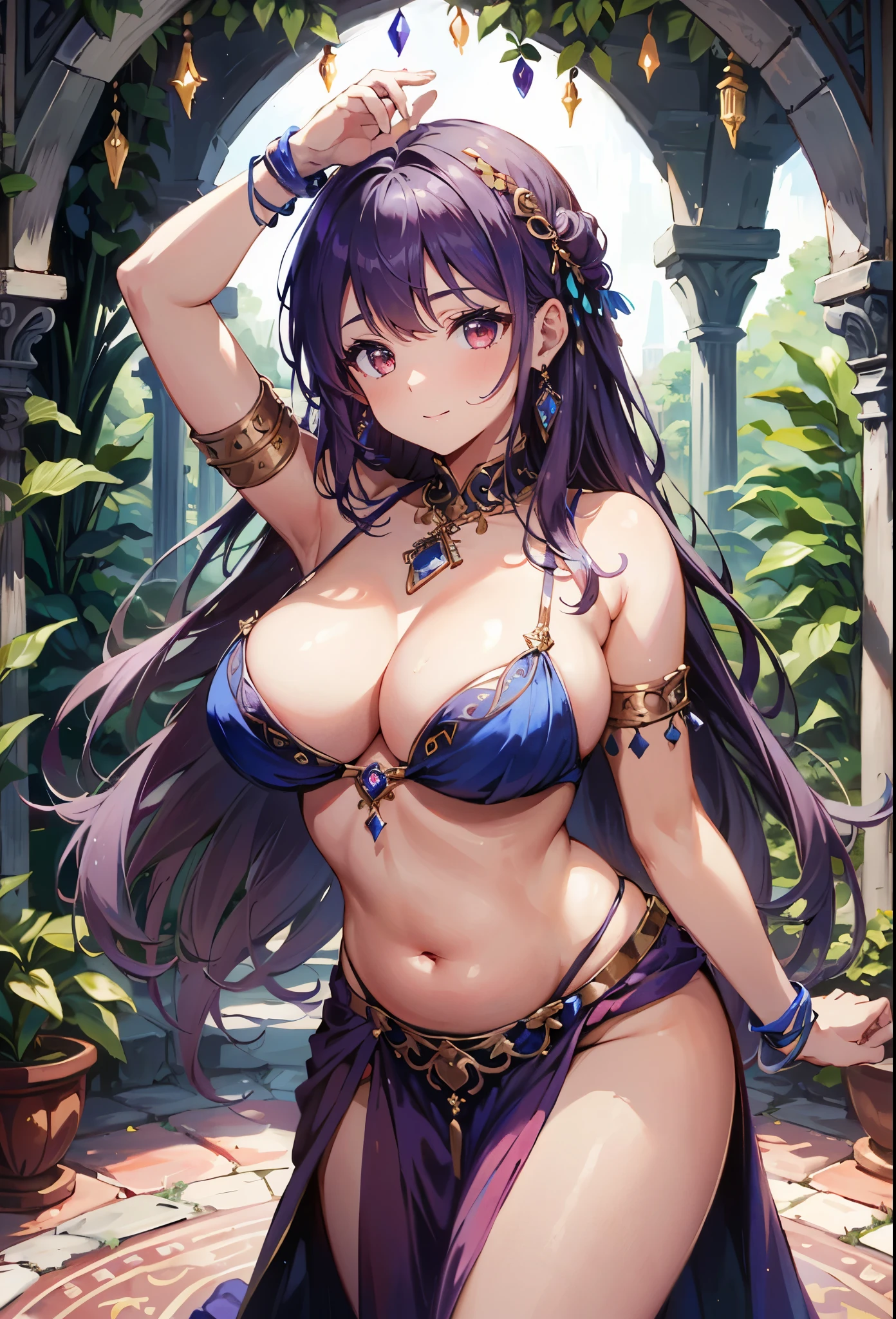 high quality, ultra detailed, best quality, insanely detailed, beautiful, masterpiece, 1girl, garden, medieval Europe, cowboy shot, red eyes, long hair, light purple hair, (belly dancer, harem outfit, pelvic curtain:1.2), purple costume, bare legs, circlet, earrings, armlets, bracelets, bashful smile, dancing, large breasts, cleavage, soft stomach