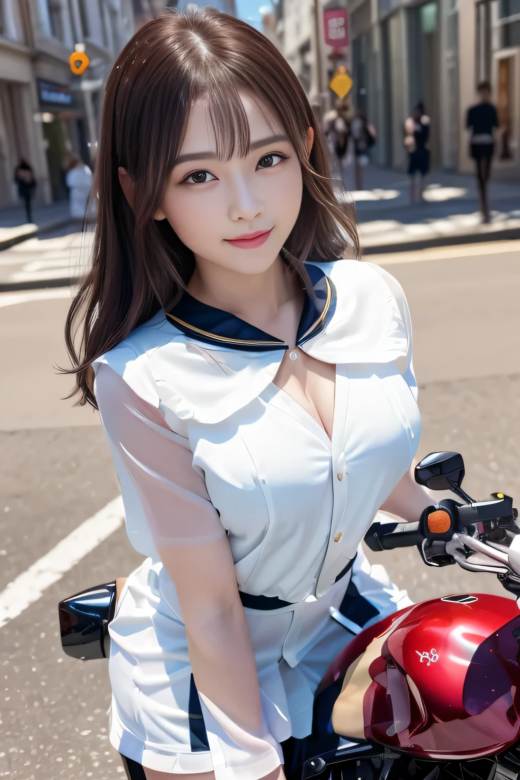 big and full breasts、(((A transparent white sailor suit that sticks to the chest,school uniform:1.7))),(((A woman wearing a transparent sailor suit:1.7 ))),(((A woman riding a colorful custom-painted motorcycle through the city:1.7))), Shiny light brown and orange striped short hair,cute smile,perfect round face,A cheerful smile that makes the viewer happy,proper body proportions,table top,Super high quality output image,High resolution,intricate details,very delicate and beautiful hair,realistic pictures,dream-like,professional lighting,realistic shadow,focus only,beautiful hands,beautiful fingers,Detailed functions of fingers,Detailed features of the wear,Detailed characteristics of hair,detailed facial features,(((emphasize the chest:1.3))),(dynamic angle),(dynamic and sexy pose),laughter、cute round face,,(table top,highest quality,超High resolutionの出力画像,) ,(8K quality,),(sea art 2 mode.1),(Image mode Ultra HD,)