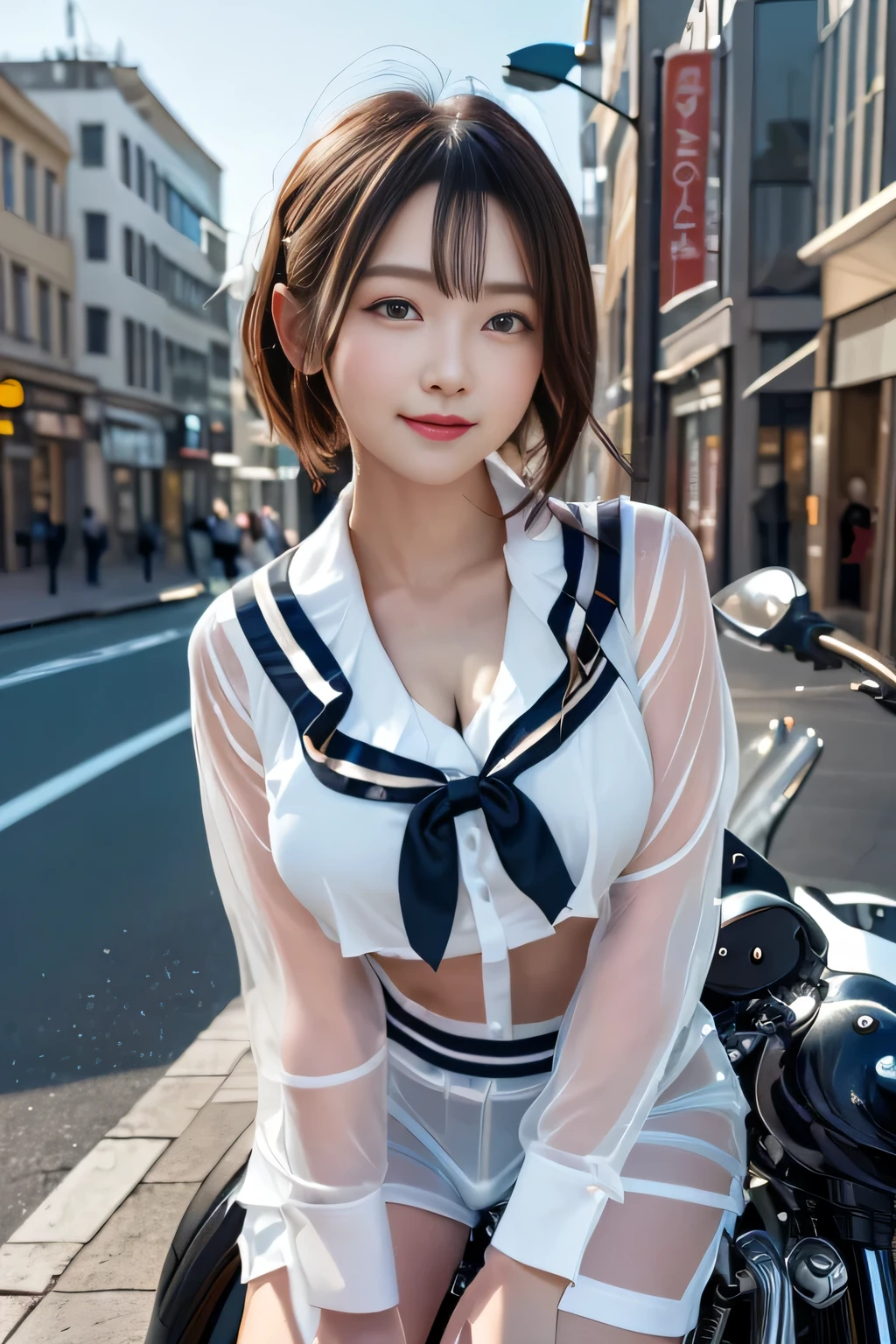 big and full breasts、(((A transparent white sailor suit that sticks to the chest,school uniform:1.7))),(((A woman wearing a transparent sailor suit:1.7 ))),(((A woman riding a colorful custom-painted motorcycle through the city:1.7))), Shiny light brown and orange striped short hair,cute smile,perfect round face,A cheerful smile that makes the viewer happy,proper body proportions,table top,Super high quality output image,High resolution,intricate details,very delicate and beautiful hair,realistic pictures,dream-like,professional lighting,realistic shadow,focus only,beautiful hands,beautiful fingers,Detailed functions of fingers,Detailed features of the wear,Detailed characteristics of hair,detailed facial features,(((emphasize the chest:1.3))),(dynamic angle),(dynamic and sexy pose),laughter、cute round face,,(table top,highest quality,超High resolutionの出力画像,) ,(8K quality,),(sea art 2 mode.1),(Image mode Ultra HD,)