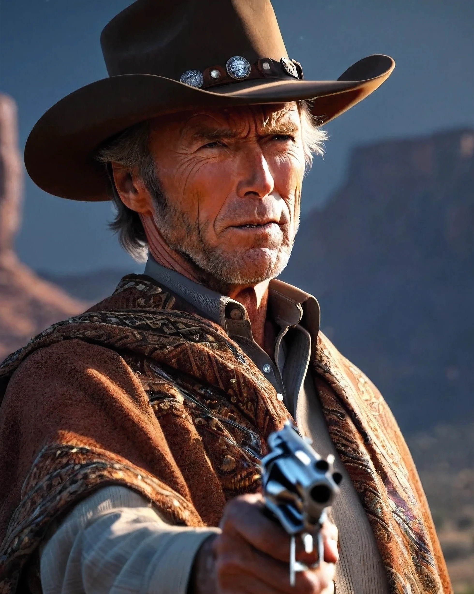 (extremely detailed CG unity 8k wallpaper), portrait of (clint eastwood young:1.0), cowboy shot, staring at us with a mysterious gaze, realistic, masterpiece, highest quality, ((cowboy, western, spaghetti western, for a few dollars more)), wearing blue button-down shirt, black pants, a camel vest, a poncho, spurs on his shoes, an Old West Hat,, holds revolver in hand, cigarette in mouth,, lens flare, ((light sparkles)), unreal engine, digital painting, Style-TronLegacy-8v-B, trending on ArtStation, trending on CGSociety, Intricate, High Detail, dramatic, realism, beautiful and detailed lighting, shadows, detailed face, realistic hands, spaghetti western style, serio leone style