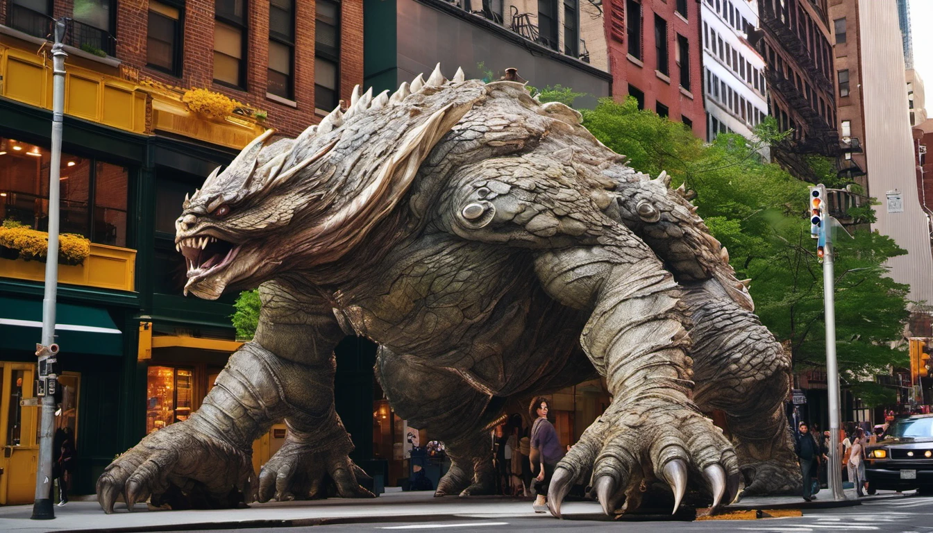 A giant creature in new york, very detailed skin texture.
