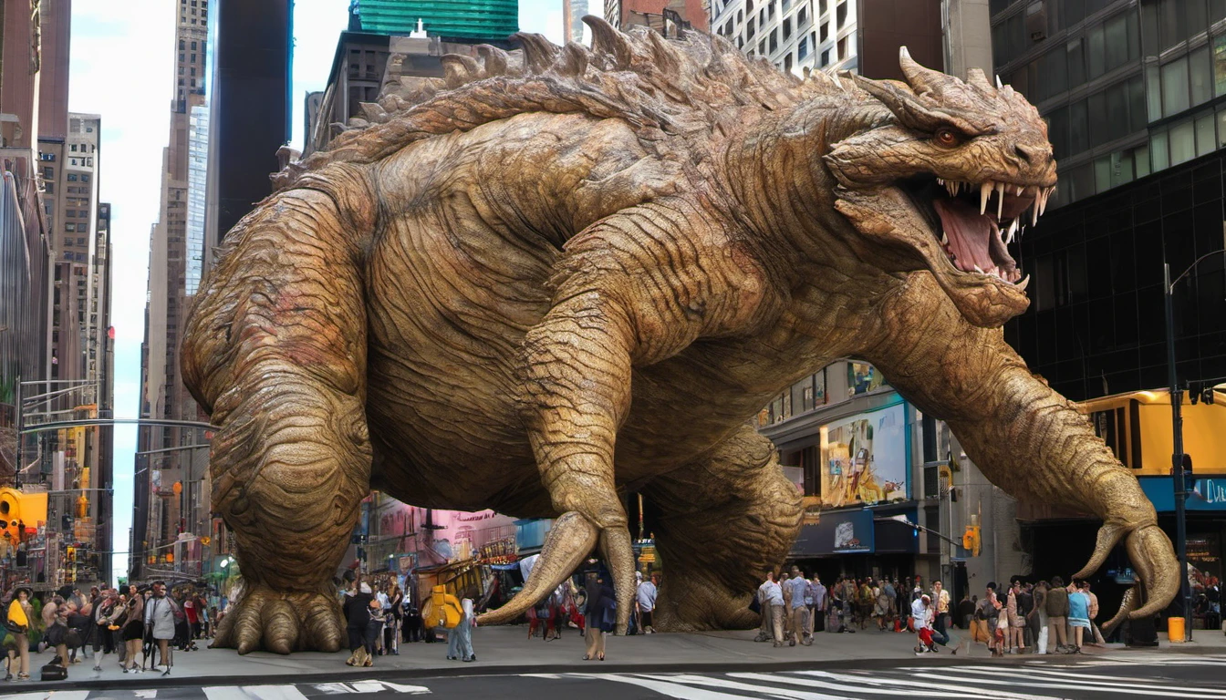 A giant creature in new york, very detailed skin texture. 