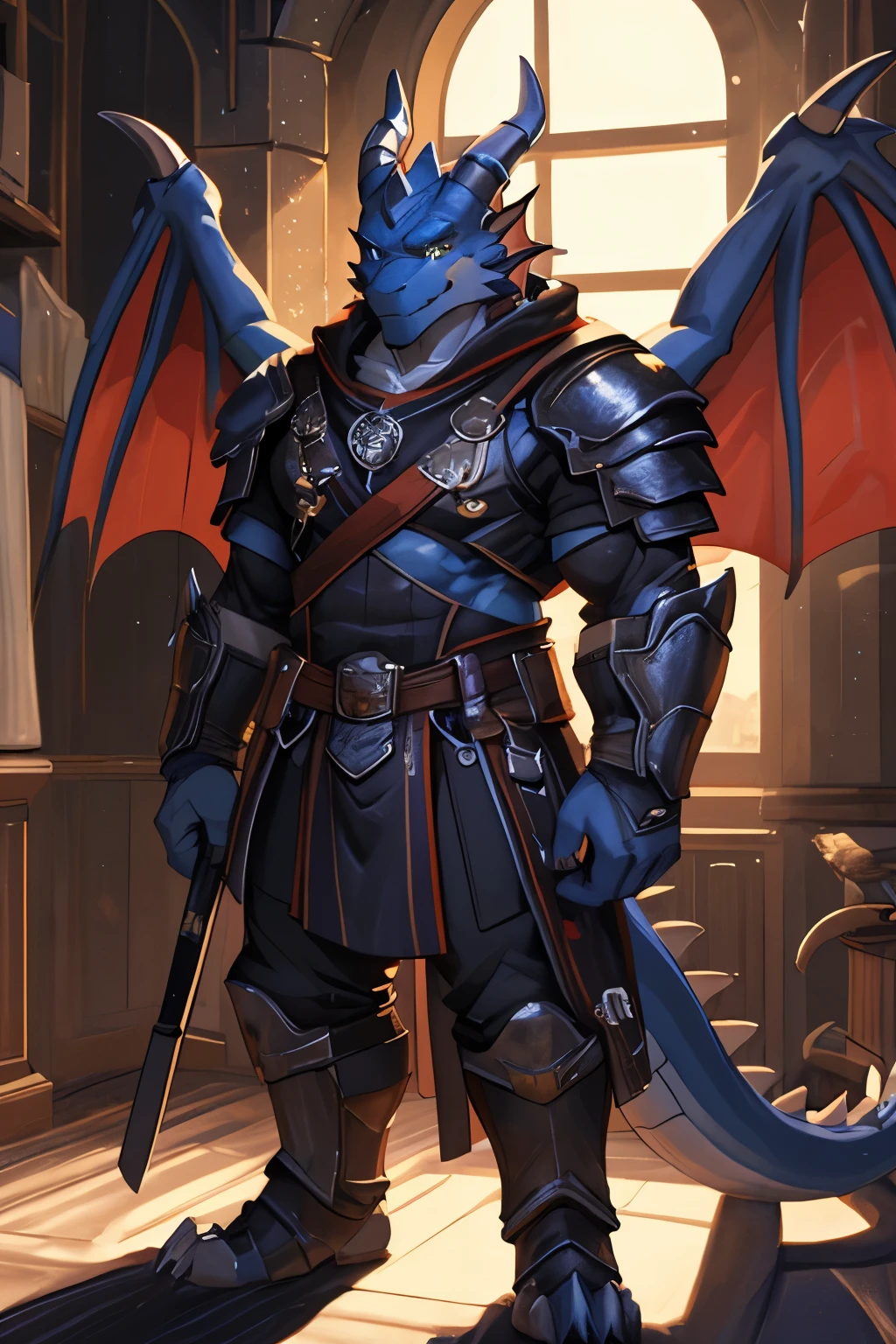 1male, ((Blue Dragonborn)), yellow eyes, blue scales, (full armored), knight, (two dragon wings), (full body)