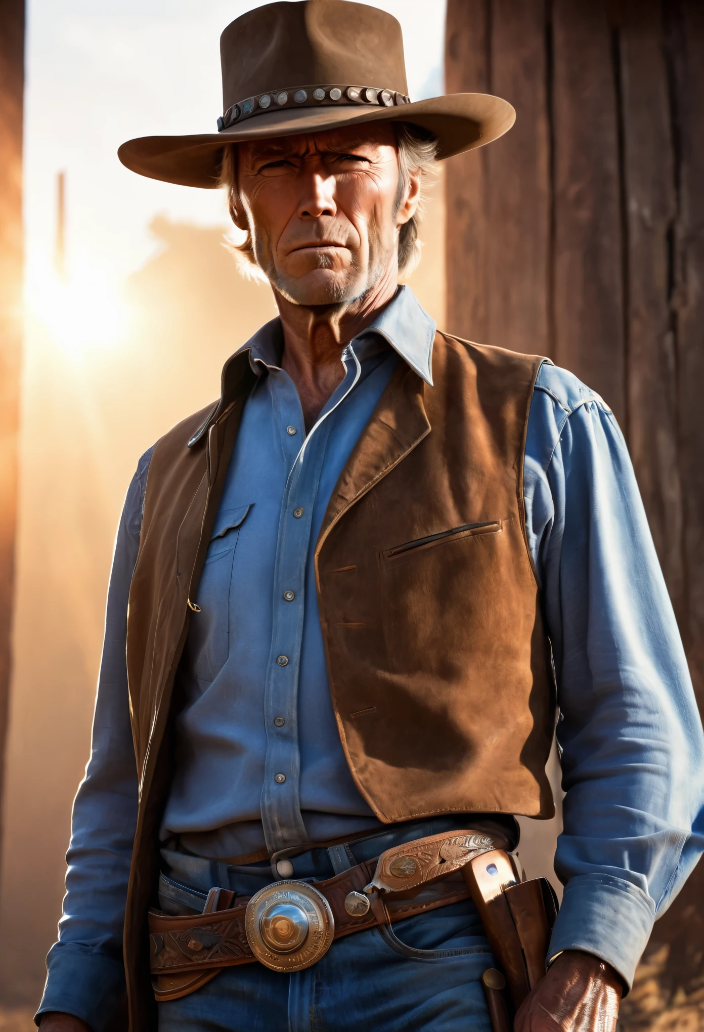 (extremely detailed CG unity 8k wallpaper), portrait of (clint eastwood young:1.0), cowboy shot, staring at us with a mysterious gaze, realistic, masterpiece, highest quality, ((cowboy, western, spaghetti western, for a few dollars more)), wearing blue button-down shirt, black pants, a camel vest, a poncho, spurs on his shoes, an Old West Hat,, holds revolver in hand, cigarette in mouth,, lens flare, ((light sparkles)), unreal engine, digital painting, Style-TronLegacy-8v-B, trending on ArtStation, trending on CGSociety, Intricate, High Detail, dramatic, realism, beautiful and detailed lighting, shadows, detailed face, realistic hands, spaghetti western style, serio leone style