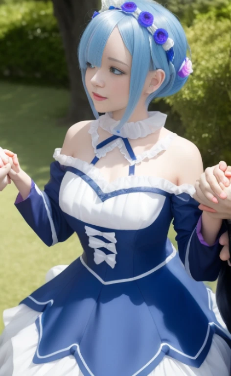 image of woman in blue dress holding man's hand, rem rezero, in dress, 8K!!, anime key visual of elegant, 8K!, , official artwork, my dress up darling anime, short blue haired woman, Official art, anime moe art style, !8K!, 4K!