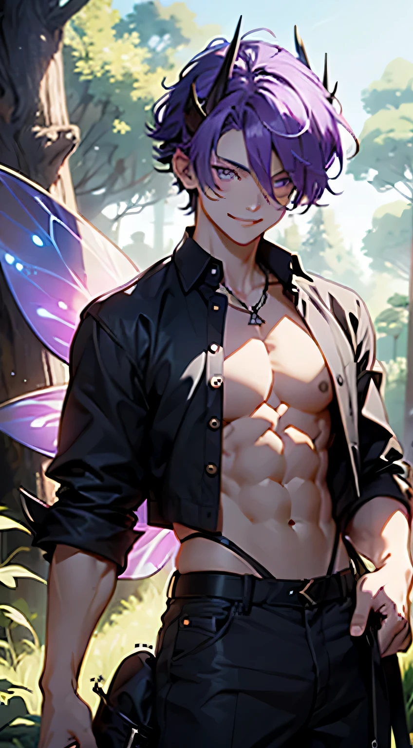 garoto, 16 anos, Fada, cabelo roxo, olhos roxos, demon horns, Cara maligna, sorriso, roupas pretas, camisa aberta, sem camisa, abdomen, medieval, Grandes asas de fada, roupas medievais ,anime, fundo da floresta