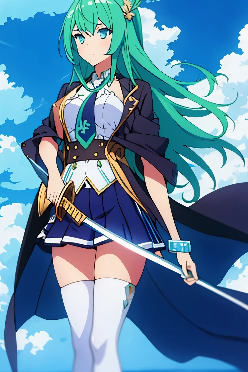 masterpiece,best quality,a girl holding a sword,in the style of dark azure and light azure,mixes realistic and fantastical elements,vibrant manga,uhd image,glassy translucence,vibrant illustrations,
