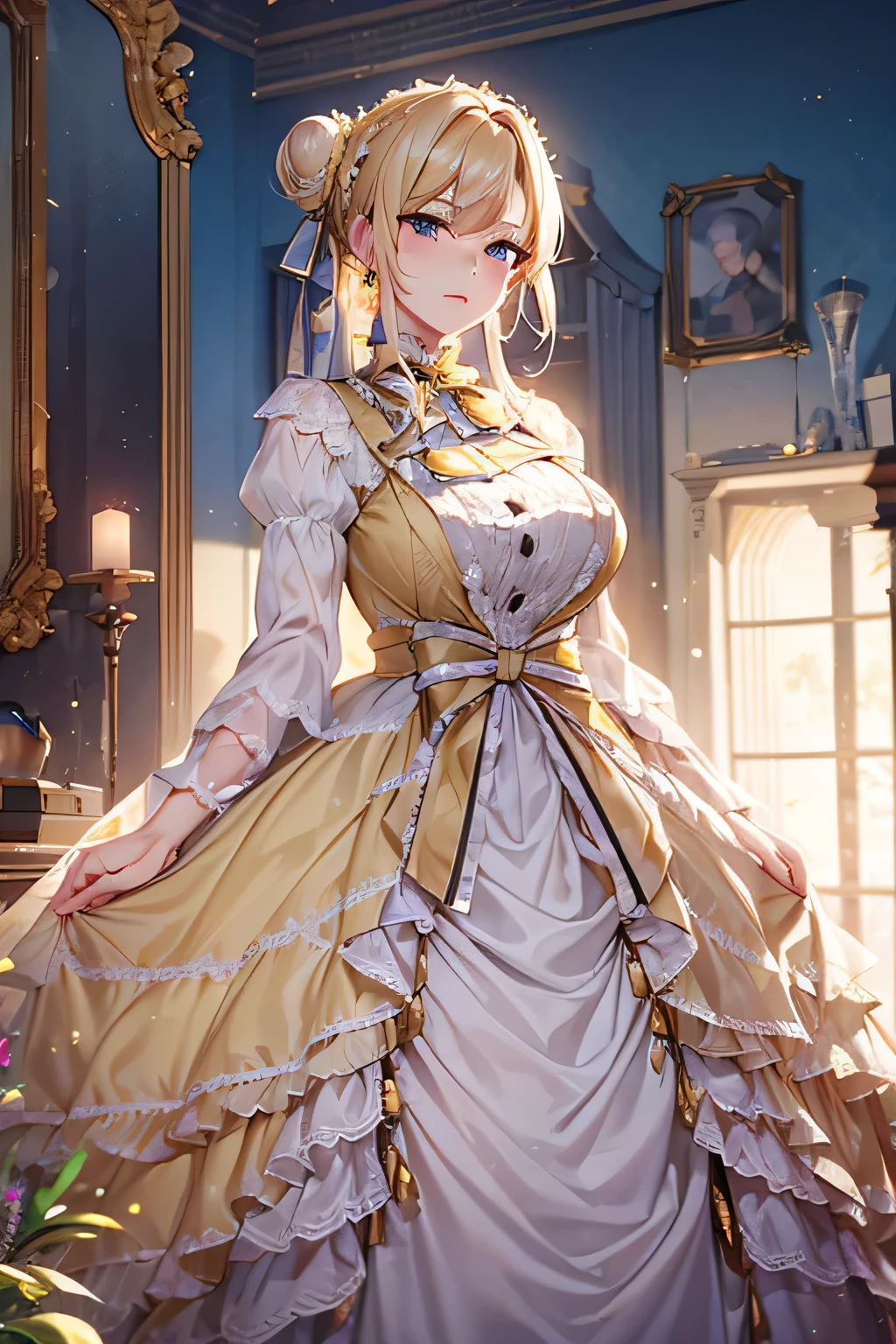 Um maduro, adult woman in her 40s with Victorian appearance, yellow dress the dress is yellow, cabelo loiro em um coque, olhos azuis, um vestido amarelo com decote baixo e seios grandes, and a chic appearance, olhos lindos