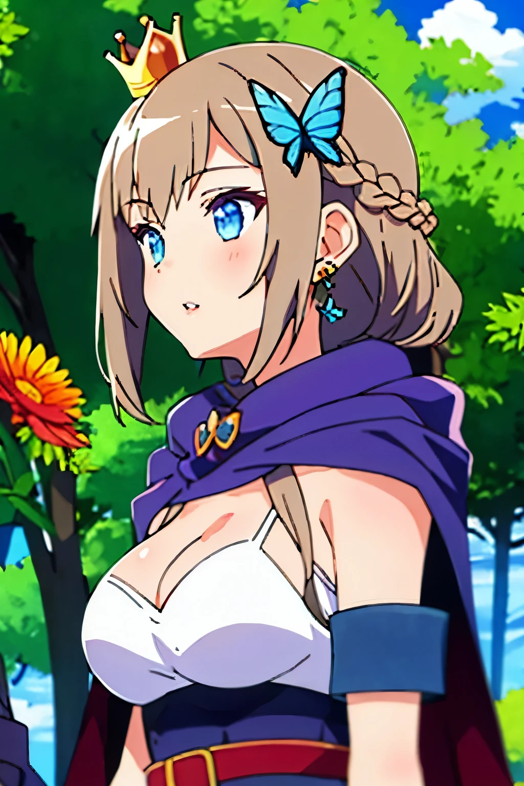 1girl,blue eyes,blue hair,solo,gloves,earrings,jewelry,fingerless gloves,dappled sunlight,braid,long hair,outdoors,upper body,bird,parted lips,cape,day,short sleeves,breasts,from side,hand up,leaf,tree,black gloves,flower,hair ornament,butterfly,sunlight,lips,bug,eyelashes,blue theme,animal,sky,shade,blue gemstone,belt,crown braid,dress,