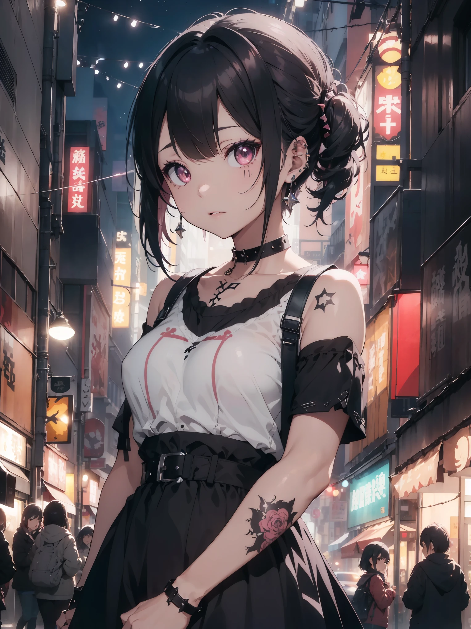 straight fadecut haired, punkガール, Without mohawk sleeves, tattoo, headphones, 🎧, goth_punk, 1 girl, alone, medium shot, walking in harajuku, ((in the middle of the night)), Bokeh, neon light, iridescent eyes, gray eyes, red glowing hair, black eyebrows, Radiant hair, (iridescent red hair), lots of earrings, Labret, Facial piercing, 前hair, jewelry, mask, blunt 前hair, 口mask, blurry background, blurry, hair adornments, look at the audience, short hair, portrait, profile, goth, (masterpiece), (portrait), (beautiful), (beautiful), (Upper body), (high quality), (beautiful服), (Professional angle), (Rule of thirds), (feminine), (woman), (woman), (beautiful), (feminine features), (25 years old), alone, woman1名, (Charming punk girl), dramatic light, ((playing the guitar)), (Are standing), it isdgy makeup, (huge breasts), (front), (resist的な表情), ((resist)), (レザージャケットとtattoo), ((Short hair)), (dyed (it is.G. and pink) hair), (spiky hair), (Thick hair), matte shine hair, (Hair bands scattered in the hair), (gray eyes), (bold and bold look), (white skin), (dark clothes), (band t-shirt), (ripped jeans), (-), Crew neck), ((city alley background)), (close up shot), beautiful hands, both hands, normal hand, upper arm, full hand, beautiful body, beautiful fingers, normal fingers, five fingers, five fingers, (thumb index finger ring finger), beautiful ears, normal ear, beautiful eyes, shining eyes, beautiful mouth, beautiful lips, tattoo, black gloves,