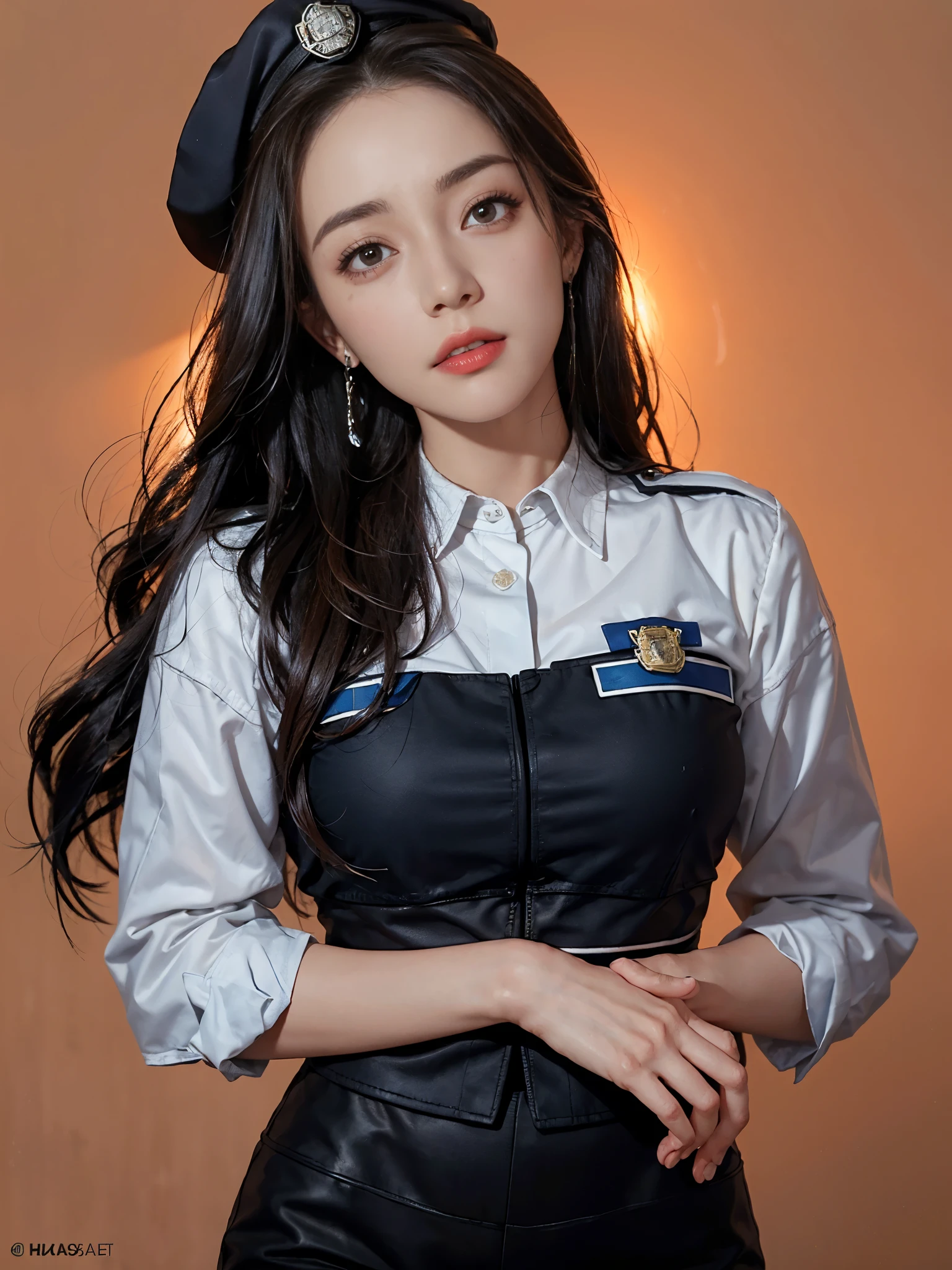 (lifelike,high resolution：1.3）， A slim girl， The face shape and eyes are super delicate,black hair,red glossy lips,(beautiful face), (best quality), (Super detailed), (Extremely detailed CG unified 8K wallpaper),(White background),sexy look,big eyes,(standing),sexy pose,Character centered,（female officer),(Deep cleavage),(Black Officer uniform, Black officer hat),(leather skirt),(Military uniforms),(epaulettes),(Photos from the waist up),huge breasts
