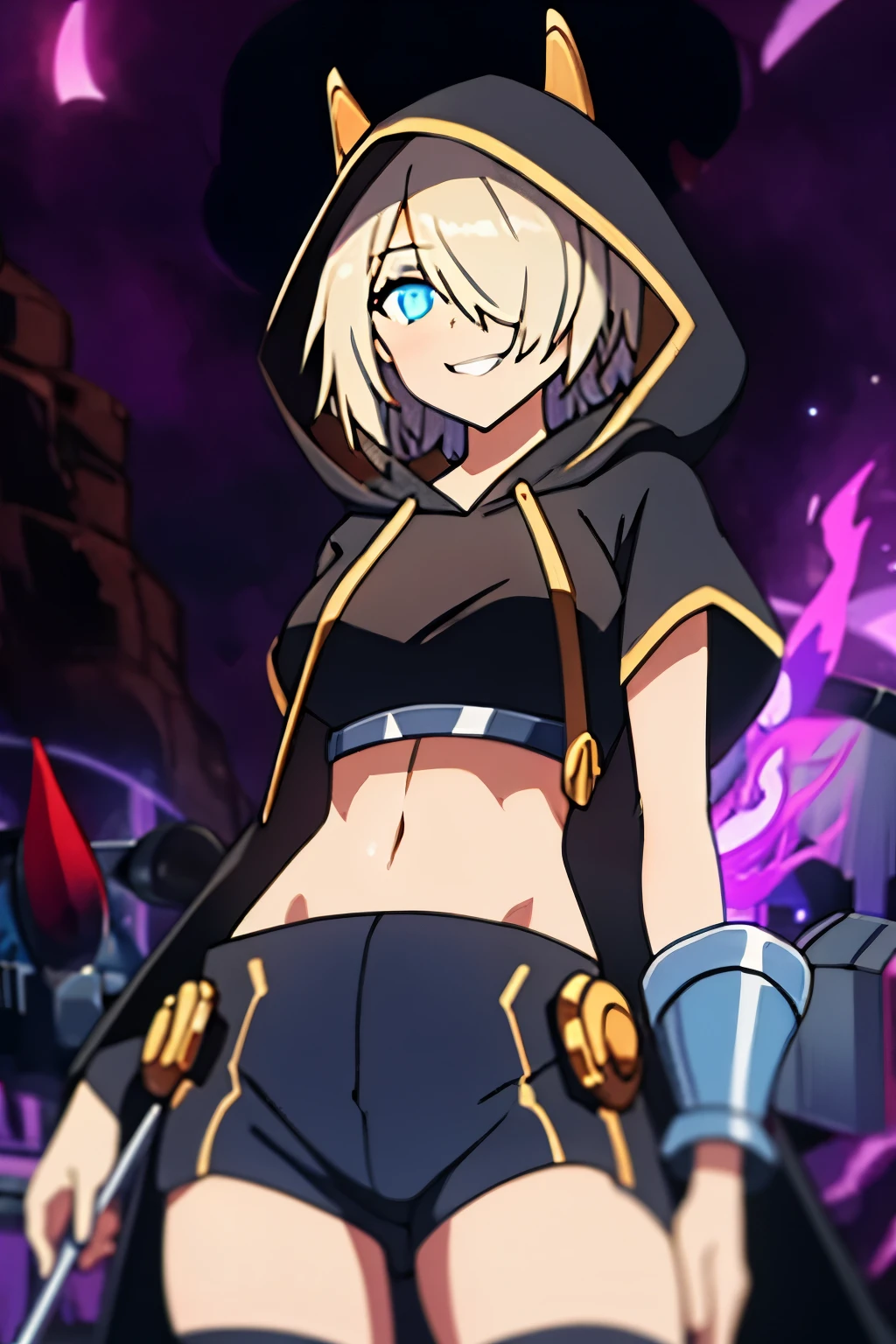 ((Dark)),epic,8k,fantasy,ultra detailed,Magic,((hood)),(hoodie),((((hair over one eye)))),casting spell,blackhole,menancing,((glowing eyes)) ((BLUE eyes)),((glowing)),((Bloom)),magnificent,Masterpiece,absurdres,best quality,standing,1girl,human,evil,evil grin,apocalypse,destruction,end of the world,crazy eyes,Crazy,psycothic,looking down,superior,(sadistic),((demoniac)),spear,spectral,ghostly,circle,rim,rim light,crescent,abyssal,Shorts,groin,hip bones,hip lines cowboy shot,Magic Circle,excessive energy,scifi,abyssaltech,dark energy,ethereal,dissolving,see-through,abyss,antitech,scifi,pure energy,thighs,
