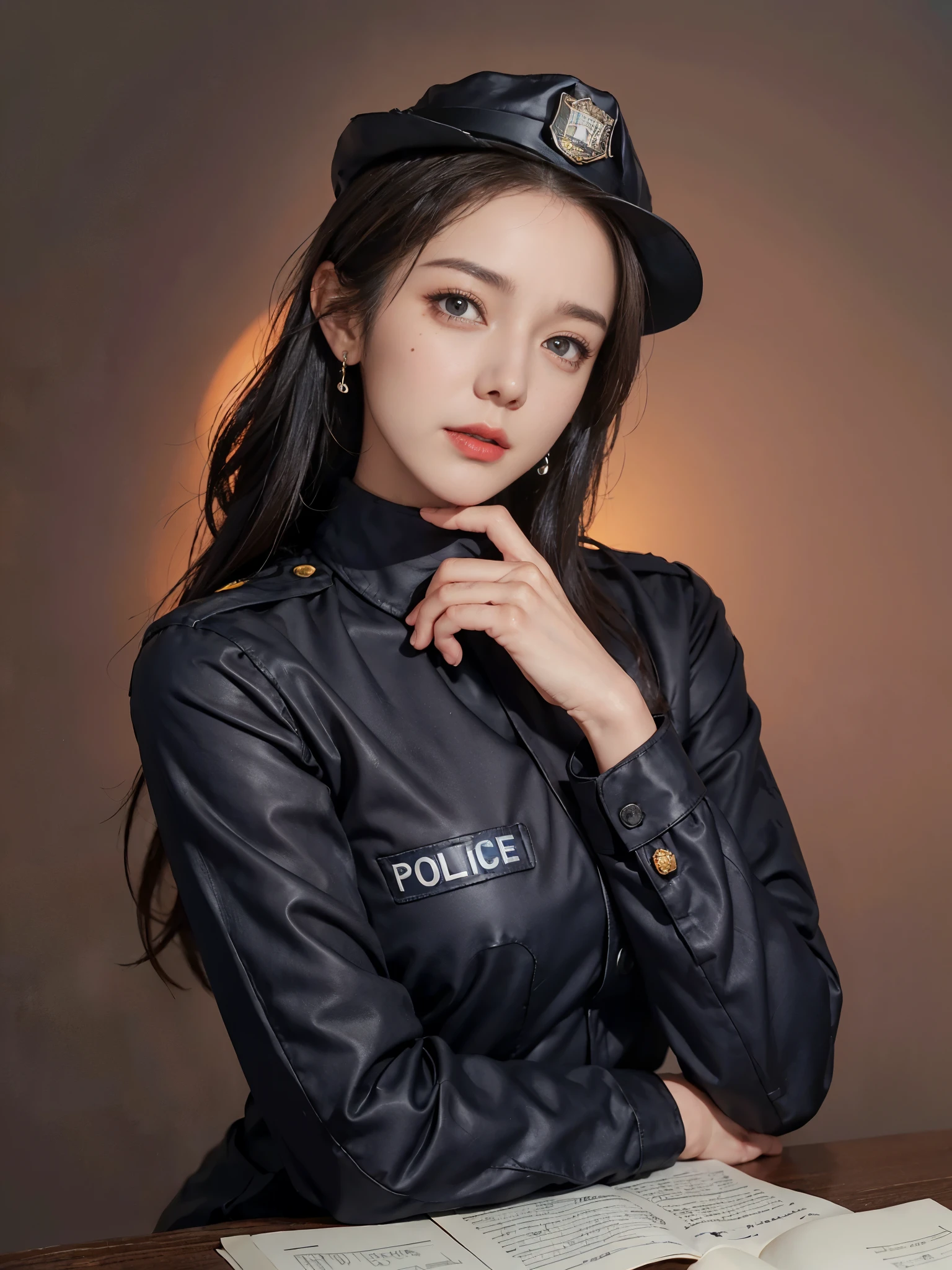 simple background, (Wearing a policewoman&#39;s uniform and hat: 1.4), good hand, 4k, High resolution, table top, highest quality, head: 1.3, ((Hasselblad Photos)), fine skin, clear focus, (cinematic lighting), soft lighting, dynamic angle, [:( detailed face: 1.2): 0.2], medium chest, chest, (((inside the mansion))), (chest元露出: 1.3), 1 girl, jewelry, earrings, orange_sky porn, 一人in, mole, length_hair, mole_Down_eye, Upper body_body, grey_eye, look up_in_viewer,, brunette, fashion, (head tilt: 1.4), simple background, red background,