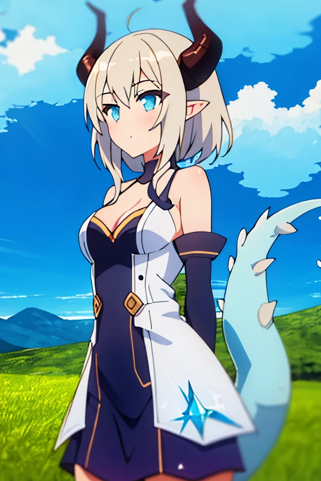 1girl,solo,(dragon horns:1.2),dragon wings,dragon tail,dragon girl,pointy ears,white hair,long hair,blue eyes,looking at viewer,glass shaped clothes,crystallization of clothes,sparkle,lens flare,light leaks,grass,mountains,depth of field,hair between eyes,small breasts,slit pupils,reflection,glowing,see-through,dawn,crystal flowers,galaxy,glass road,broken glass,masterpiece,best quality,absurdres,recent,newest,safe,sensitive,full_body,