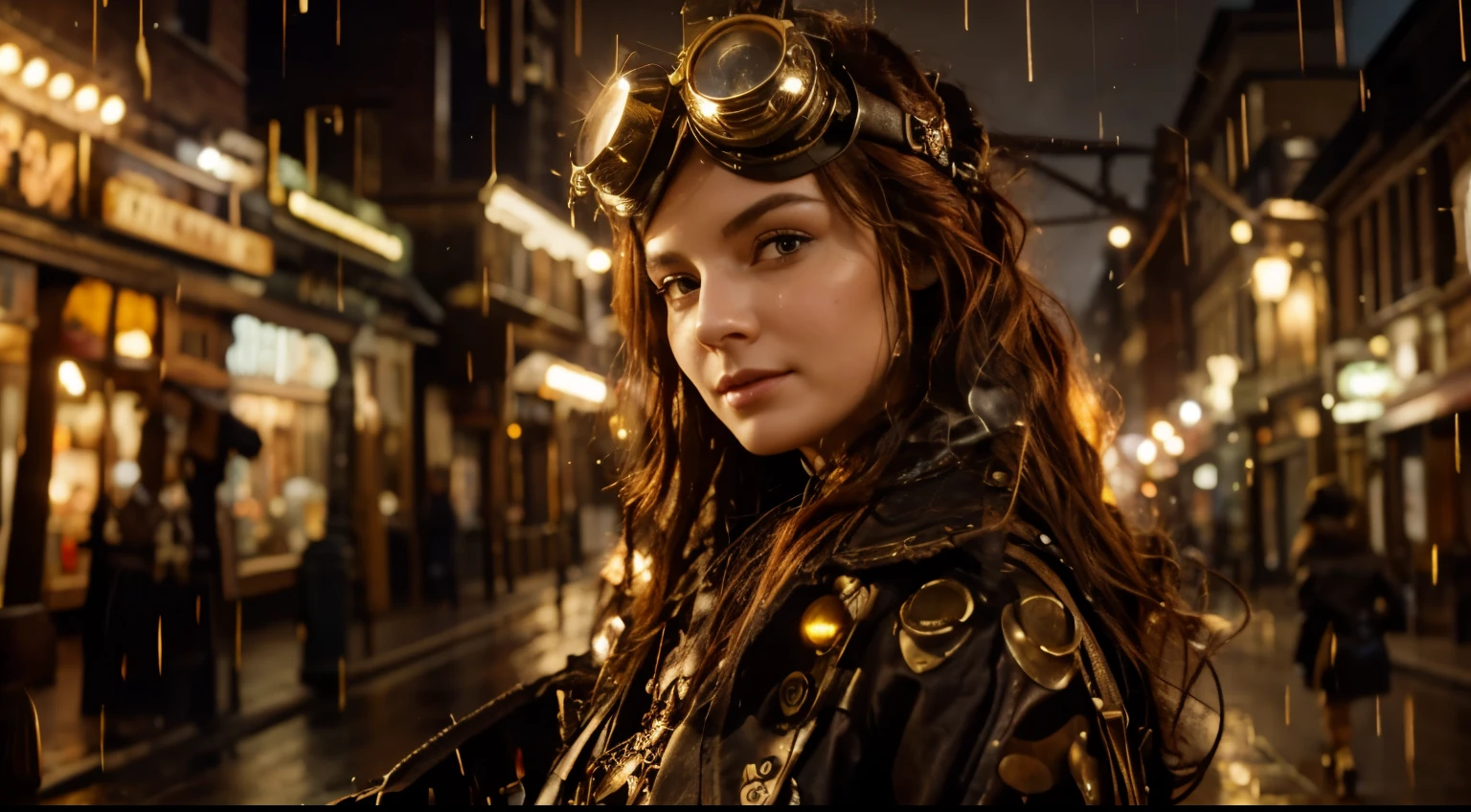London street in the late 1800s, but with a steampunk twist. Think towering clockwork buildings with smokestacks puffing out steam, gaslight lamps casting an orange glow, and airships gliding silently overhead. Cobblestones slick with rain reflect the gaslight and bustling activity. Character: A beautiful woman with an air of confidence and purpose. Describe her distinct features and steampunk attire. Here are some options: Crimson hair cascading down her shoulders, adorned with gears and a miniature brass monocle perched on one eye. Dressed in a long, flowing coat of worn leather, accented with polished brass buckles and intricate clockwork patterns woven into the fabric. Goggles rest on her forehead, and sturdy riding boots with built-in steam pistons propel her bicycle