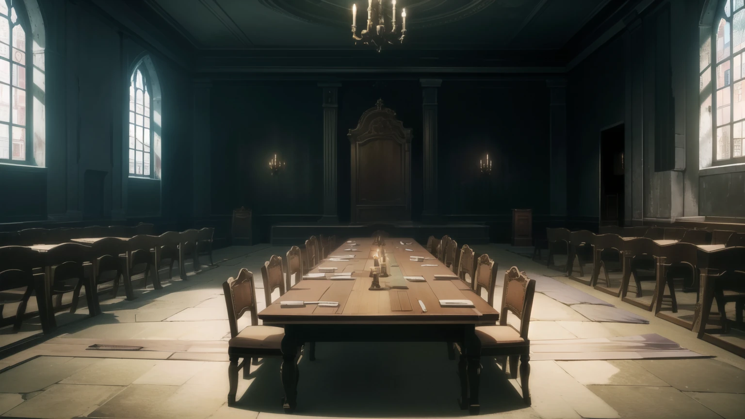 (masterpiece), (best quality), (ultra-detailed), (best illustration), (best shadow), Room of an abandoned stone cathedral, abandoned wooden furniture in the room, meeting room with a table and chairs, torches and candles lighting the dark room