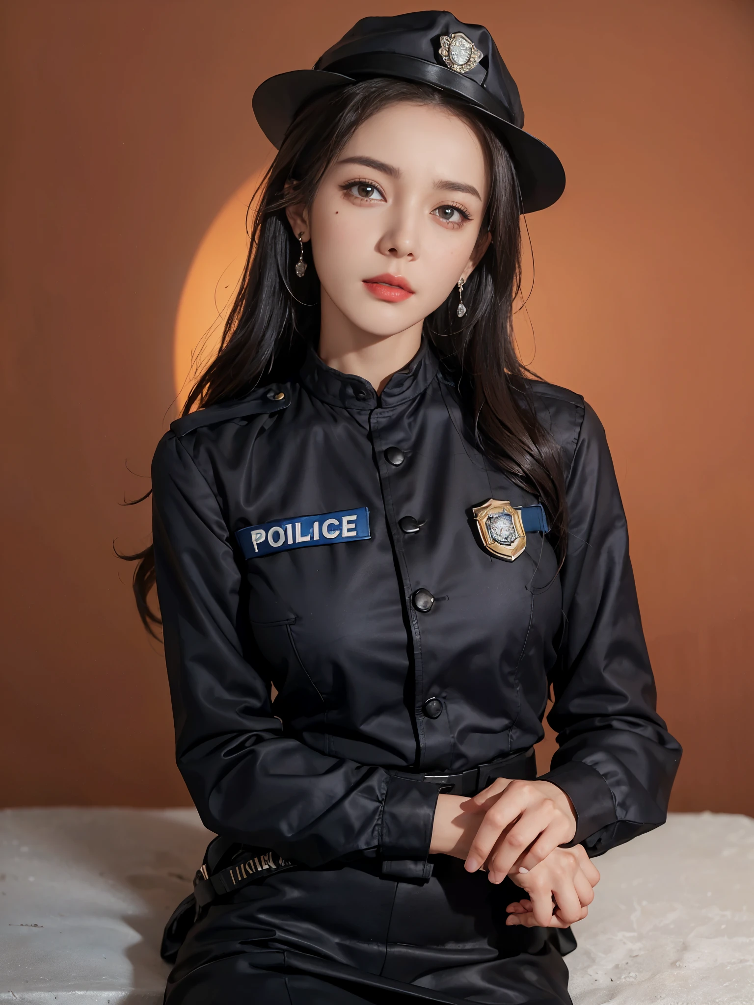 simple background, (Wearing a policewoman&#39;s uniform and hat: 1.4), good hand, 4k, High resolution, table top, highest quality, head: 1.3, ((Hasselblad Photos)), fine skin, clear focus, (cinematic lighting), soft lighting, dynamic angle, [:( detailed face: 1.2): 0.2], medium chest, chest, (((inside the mansion))), (chest元露出: 1.3), 1 girl, jewelry, earrings, orange_sky porn, 一人in, mole, length_hair, mole_Down_eye, Upper body_body, grey_eye, look up_in_viewer,, brunette, fashion, (head tilt: 1.4), simple background, red background,