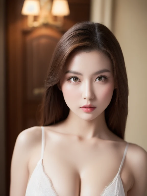(realistic、masterpiece、Best Quality、8K、highres、high resolution:1.3)、1 girl、Huge breasts、white bikini、pale white skin、looking at viewers、super fine face and eyes、long hair、indoor、 upper body、