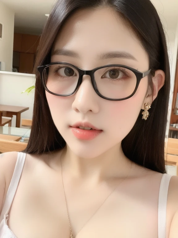 (realistic、masterpiece、Best Quality、8K、highres、high resolution:1.3)、1 glasses girl、Huge breasts、white bikini、pale white skin、looking at viewers、super fine face and eyes、long hair、indoor、 upper body、