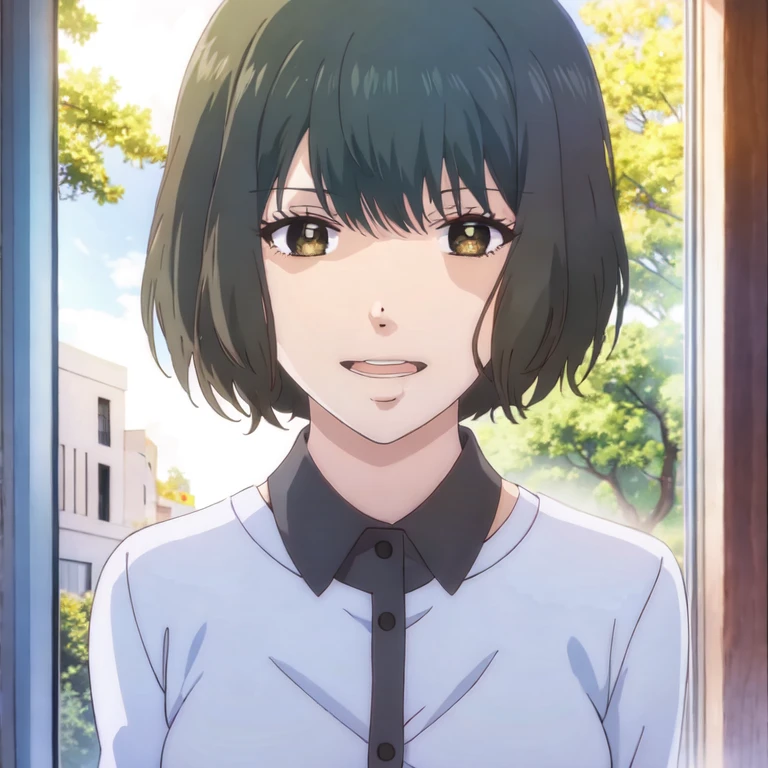 (masterpiece, best quality:1.2), 1girl, solo,black hair,middle hair,bob cut,fluffy bob cut,bangs