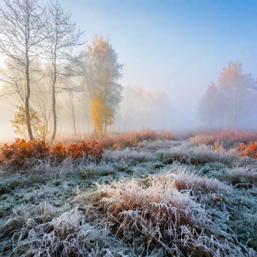 (masterpiece, best quality:1.2), Forest, trees, cold, fog, leaves, In autumn, frosts, Morning